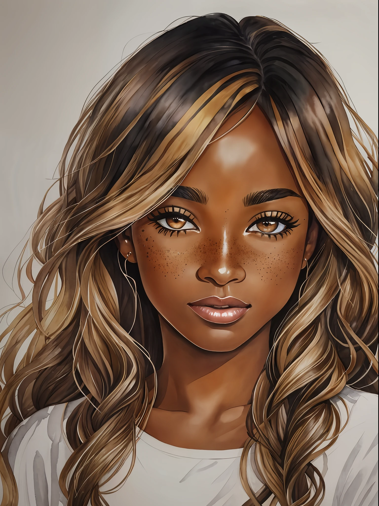 watercolor painting Real, black woman 30 years old, tanned skin, hazel eyes, almond eyes, plump lips, long wavy blond hair  freckles,  8k 8mm