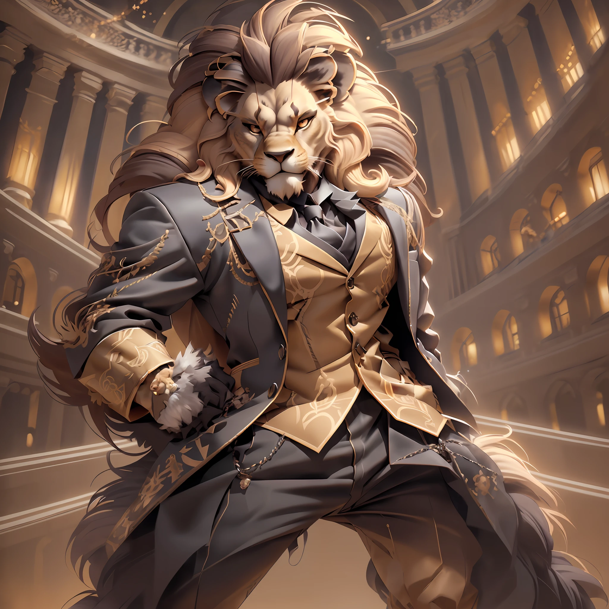 top quality ultra-fine illustrations, Reality and vitality, Expression of dense muscles, Coats that skillfully reflect light, dynamism, energy, elegance, Luxury, Harmony with space, Passionate expressiveness(classic concert, opera house, Backlighting)(highly detailed beautiful face and eyes)absurdres, perfect anatomy((beast man, solo focus, sharp focus)) (furry, tuxedo) (furry anthro:1.7) ((((Furry body, male lion facial features, male lion body features)))) ((Male lion's muzzle, very detailed fur))full body, Fighting pose, invincible smile (portrait),