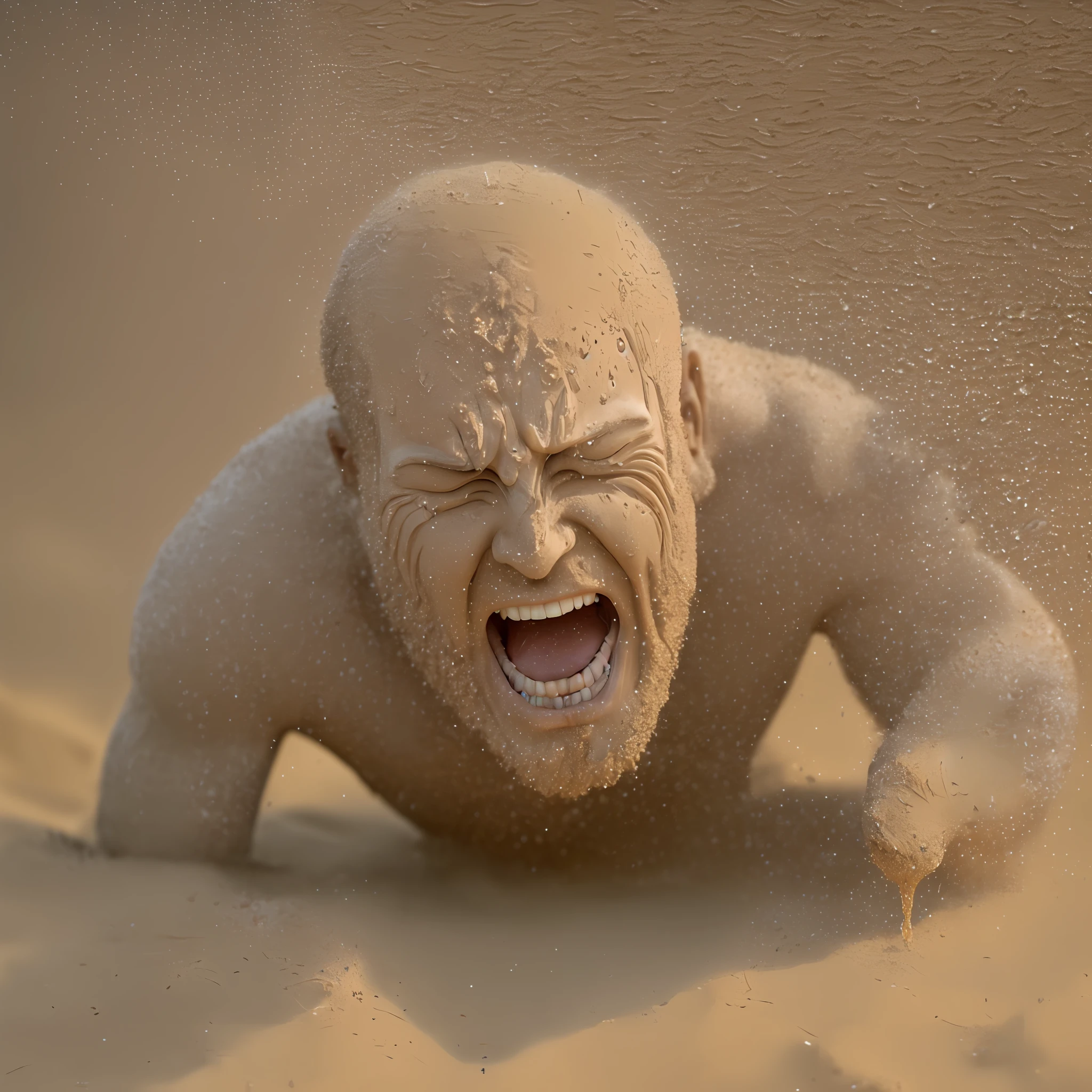 Photo 4k, man, sand sculpture of screaming male cyborg, ((((breaking))), (((totally made of sand))), (((1 man))), shocked, (((sand drool)), sidelit, telephoto, studio light, sandy floor, ((wet mist)), intricate details, real skin texture, 4k hd --auto --s2