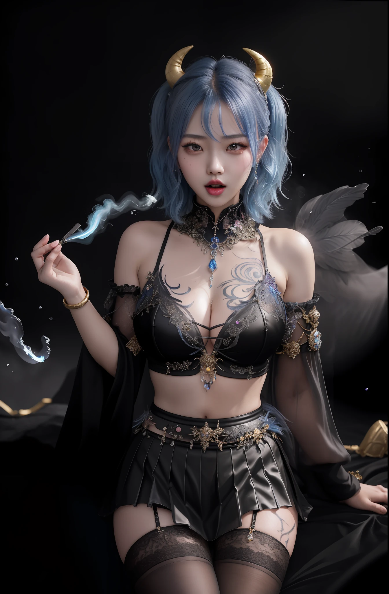 A Masterpiece、BEST QUALITY、pink hair、Blue lightning、lifelike、realistic details、highdetail。blue clothes。Blue thunder。Blue Crystal。Black suspended particles。Black smoke。Black crystals around。Black smoke wafting around。Warping the body。warping the body。Horns。Darkness。Yami Ochi。laughter。shorthair。
a 1girl, beautiody, Seductive face,, fine skin, anicos_No one,, short hair, navel out, Detached sleeves, Bare Shoulders, Central opening, between breasts,easts, Hair ch long feathers, Blue hair ornament, thigh highs,Watch your audience,Isekai、Mini skirt、Yami Ochi。seduction。Brainkill。sexypose。Twintails。Opeour mouth wide。tattooed。demon tail。Drool。wide open mouth。Drooling from the mouth。Gold pattern on chest。Painful look。Long velo。long tongue。Luminous tattoo。Luminescent tattoos。closing eyes。long lashes。