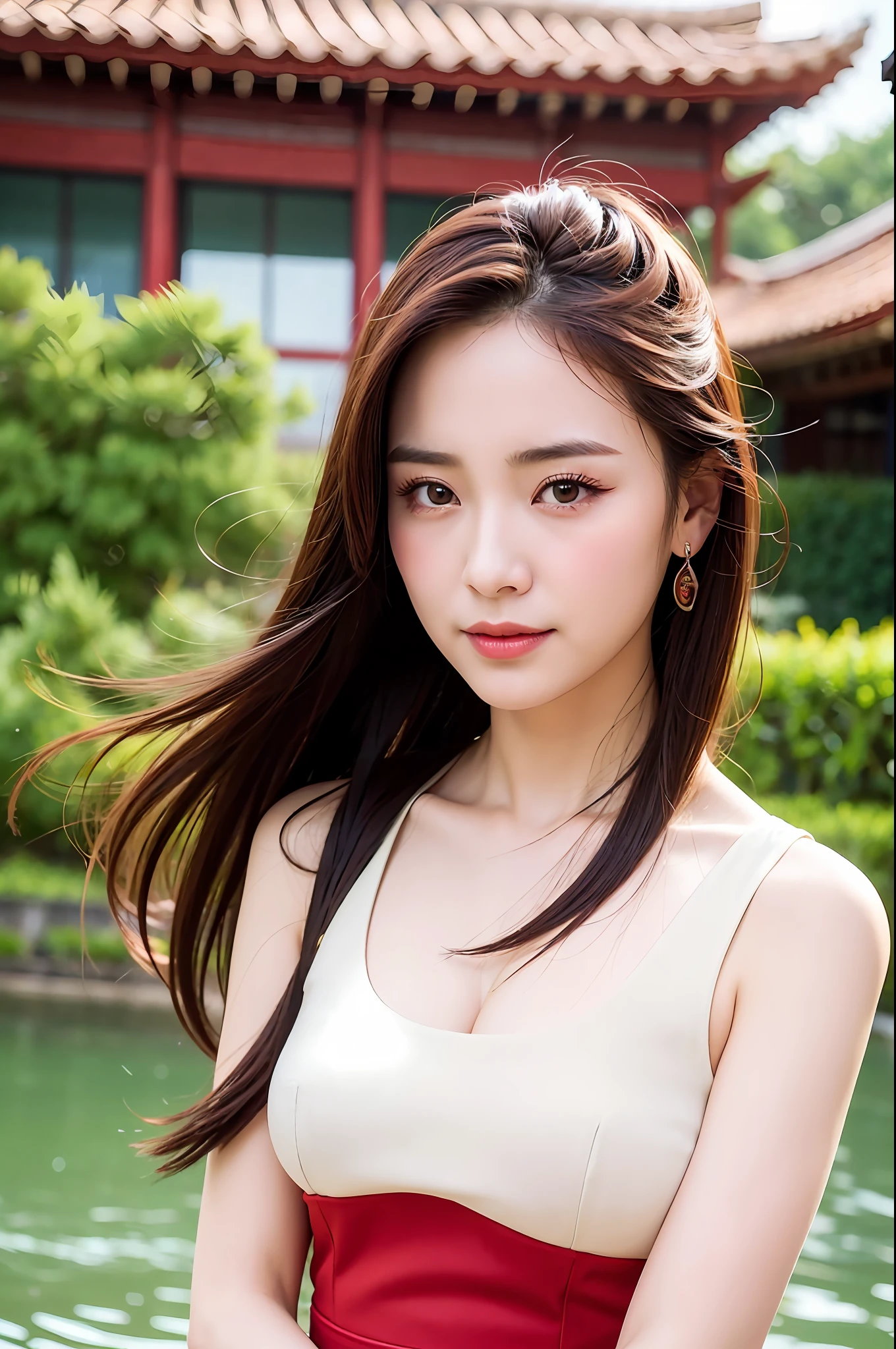 An ancient style woman, distant view, background is ancient style red building, smoke-like eyebrows, eyes with affection, cheeks slightly red, sad, delicate body, tearful eyes, delicate, delicate like a flower, like a willow when acting, dexterous, as weak as Xi Shi. Two bends seem to be frowning, and one pair seems to be happy or not. The sorrow of two people, the disease of one body. Tears lit up, panting slightly. Idle is like a beautiful flower shining on the water, and the action is like a weak willow supporting the wind. The heart is more than dry, and the disease is as good as Xizi wins three points.