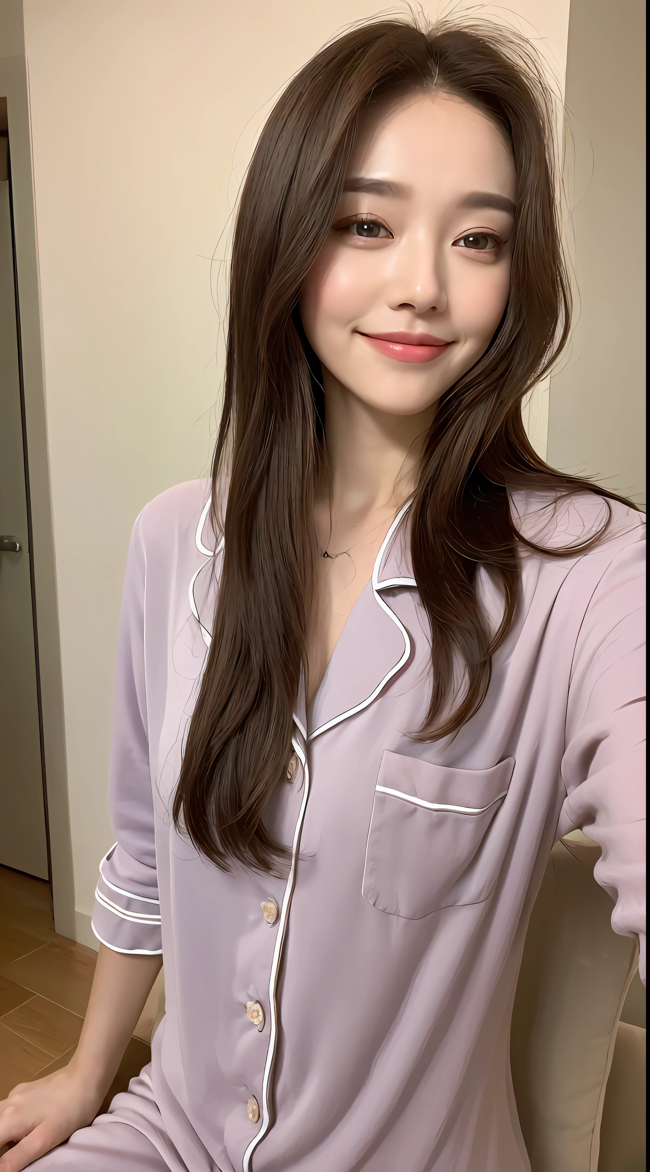 ((top quality, 8k, masterpiece: 1.3)), 1 girl, beautiful woman with plump abs: 1.3, full body, (long hair, small: 1.0), pajamas: 1.2, super delicate face, delicate eyes, double eyelids, smile, home, random color clothes