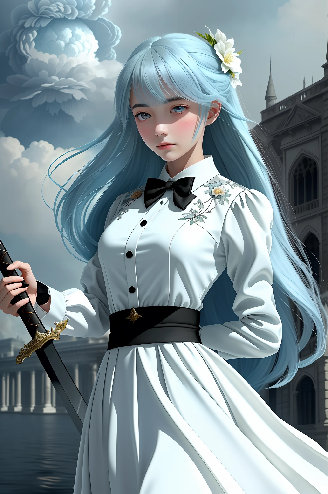 Masterpiece, delicate, illustration, {beautiful and detailed girl}, beautiful and detailed aura, (fire of war: 1.2), (nuclear explosion in background: 1.3), rain, detail lighting, detail water, (beautiful and detailed eyes: 1.1), expression, palace, sky blue hair, scattered hair, long bangs, eyebrows, (white gray dress: 1.1), black ribbon, white bow tie, upper abdomen, large forehead, dark flowers, long sleeves, ((carrying a long sword))