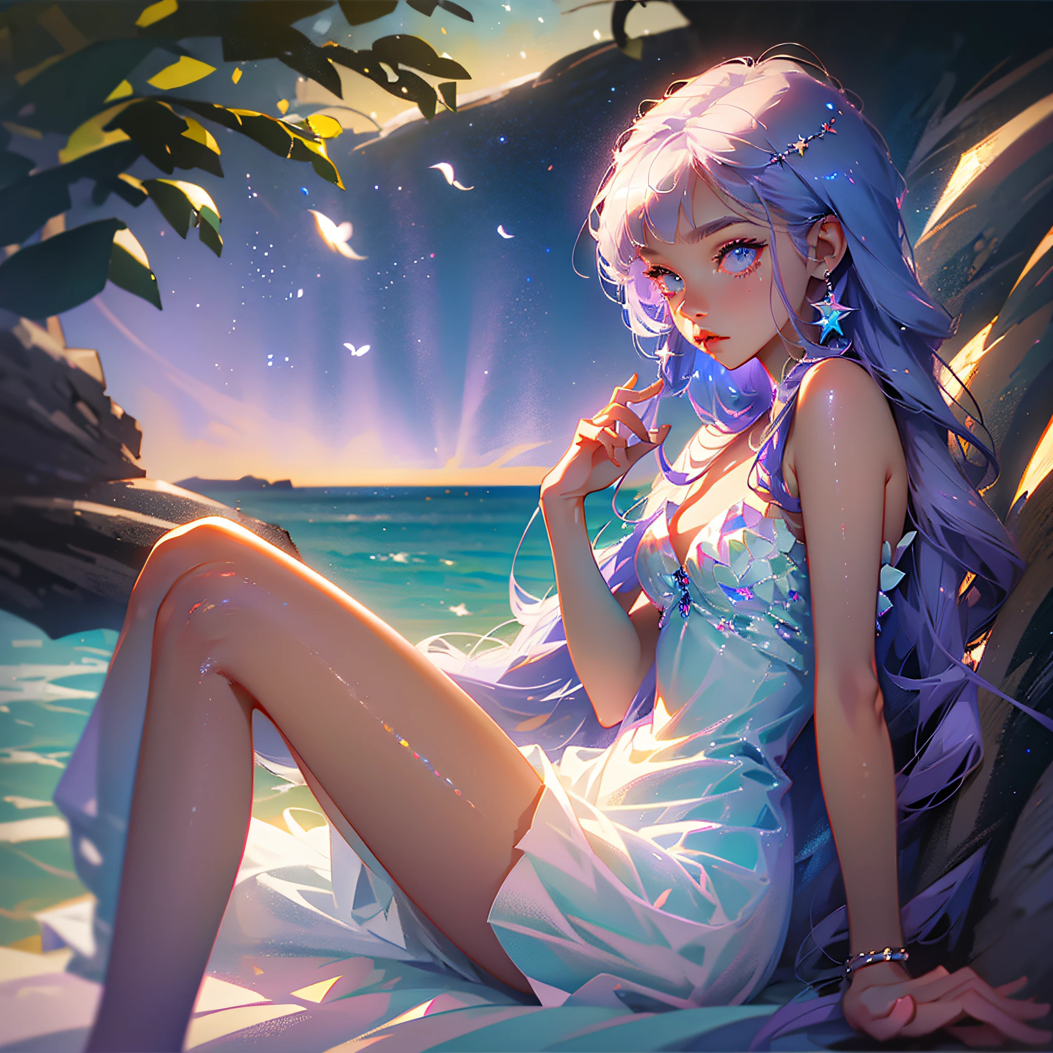 Star eyes, small breasts, white dress, long legs, slim, lilac hair, seaside, farsightedness, cute, sexy, beautiful girl --auto --s2