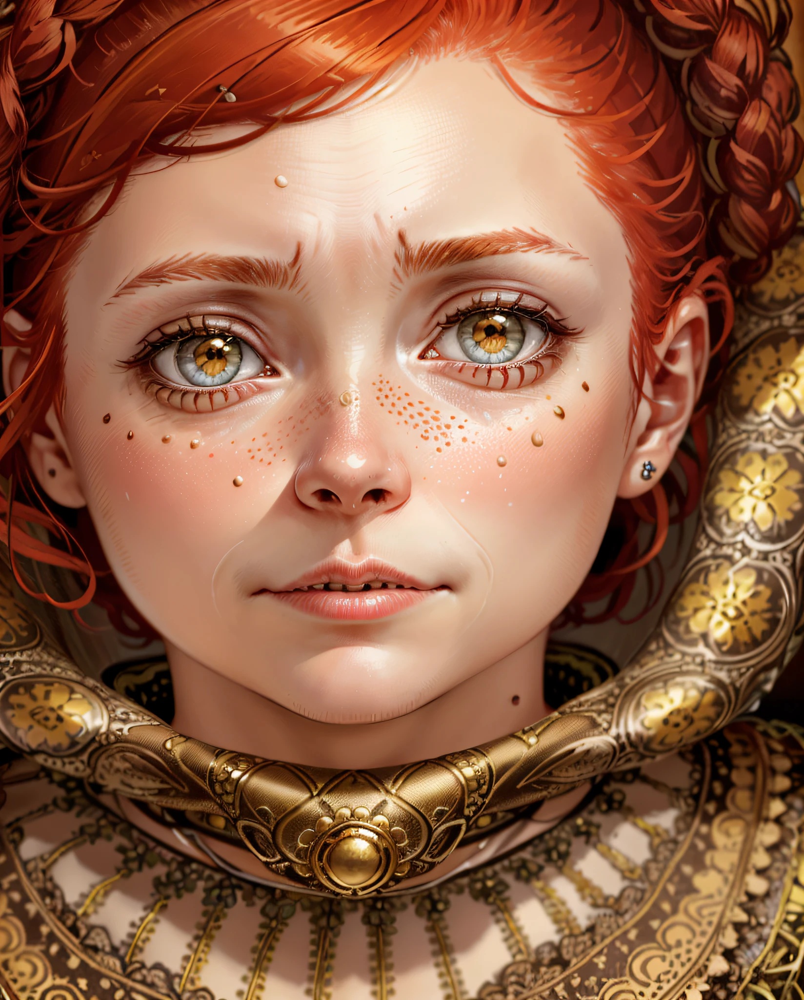 (absurd, highres, ultra detailed), 1girl, mature woman, intricate details, enlarged textures, intricate details, finely detailed eyes and detailed face, intricate details, red hair, (closed mouth), perfect eyes, matching eyes, short clothes, sweaty skin