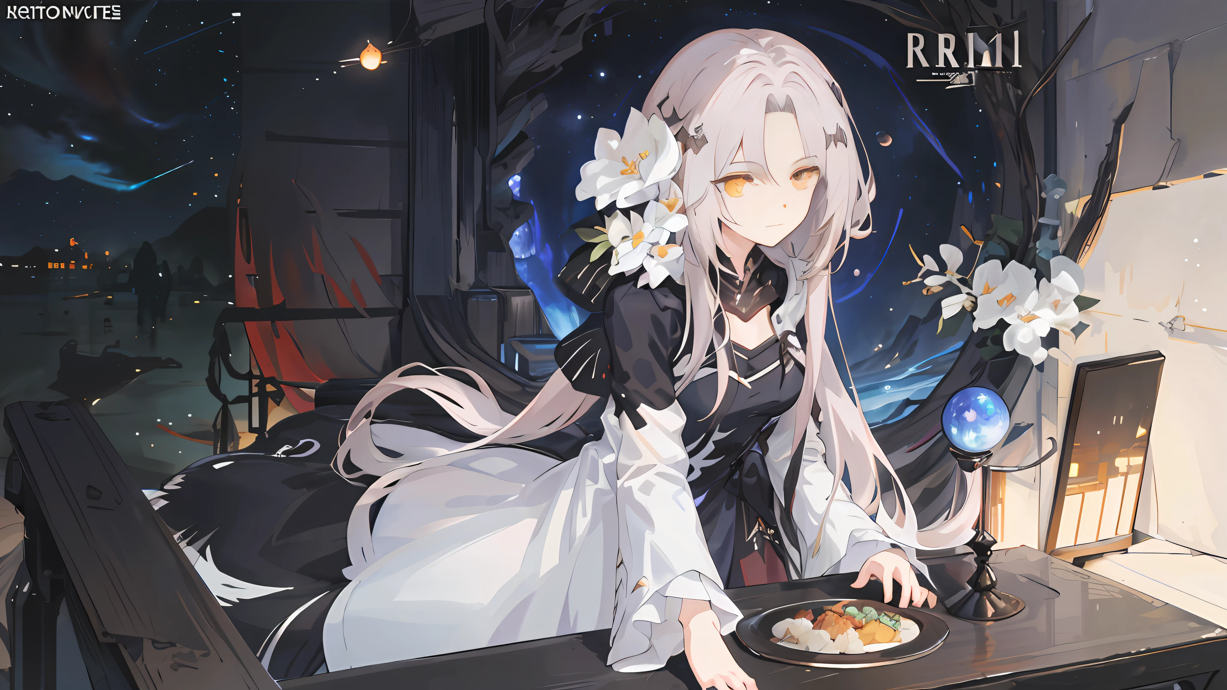 Anime girl long hair, from the night of the ark, fine details. (1girl:1.5+female_character:0.8+sit:1.2+rubble+Arknight, Girls' Frontline: 1.2, highly detailed), (Arknight: 1.2, Girls' Frontline: 1.2, feminine aesthetic), style shadow universe, scene in the universe (outer space), Girl Front. (Artstation:0.8+Pixiv:1.2+Guweiz on Artstation)