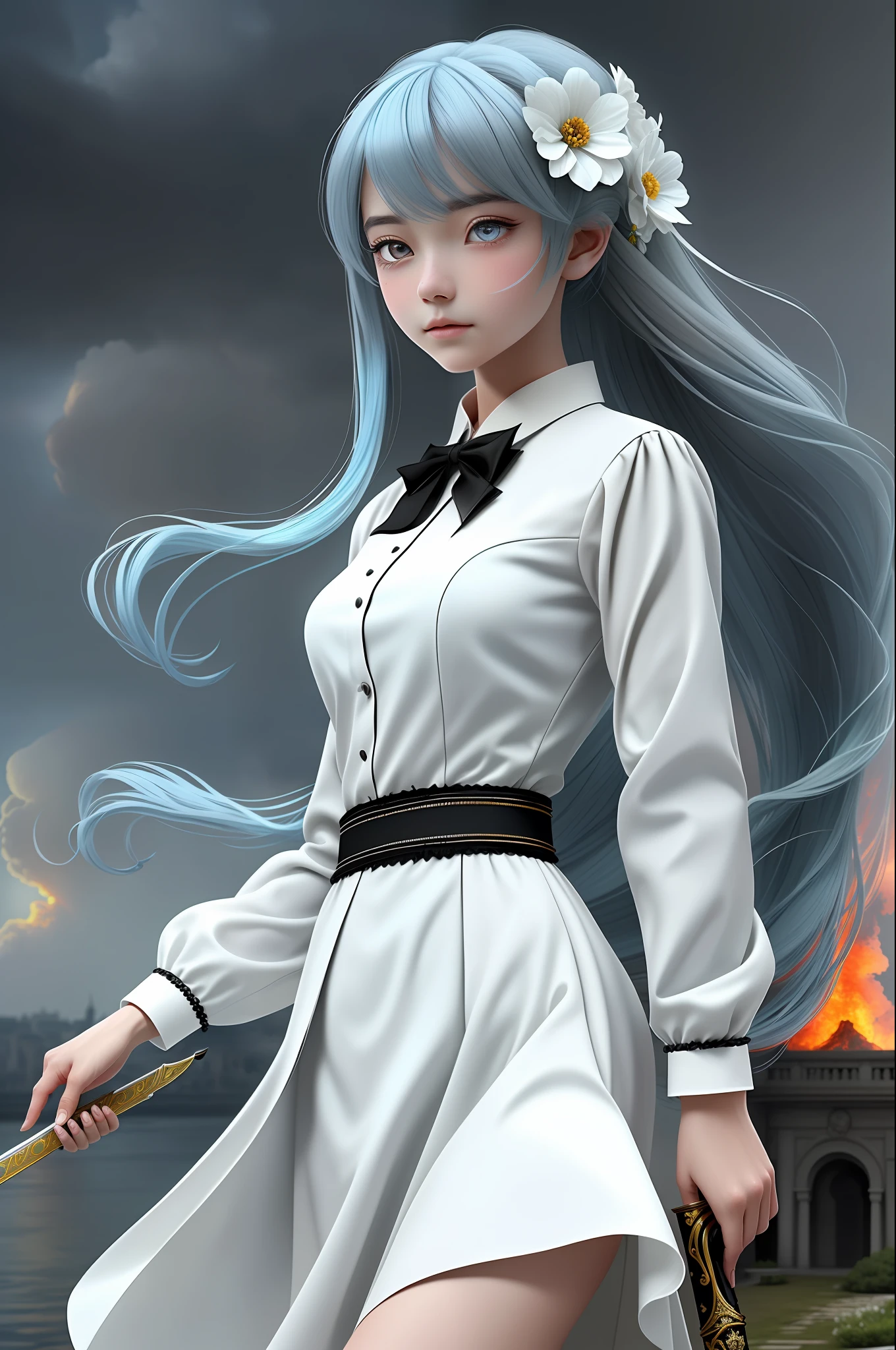 Masterpiece, exquisite, illustration, {beautiful and detailed girl}, beautiful and detailed aura, (fire of war: 1.2), (nuclear explosion in background: 1.3), rain, detail lighting, detail water, (beautiful and detailed eyes: 1.1), expression, palace, sky blue hair, scattered hair, long bangs, eyebrows, (white-gray dress: 1.1), black ribbon, white bow tie, upper abdomen, large forehead, dark flower, long sleeves, long sword in hand