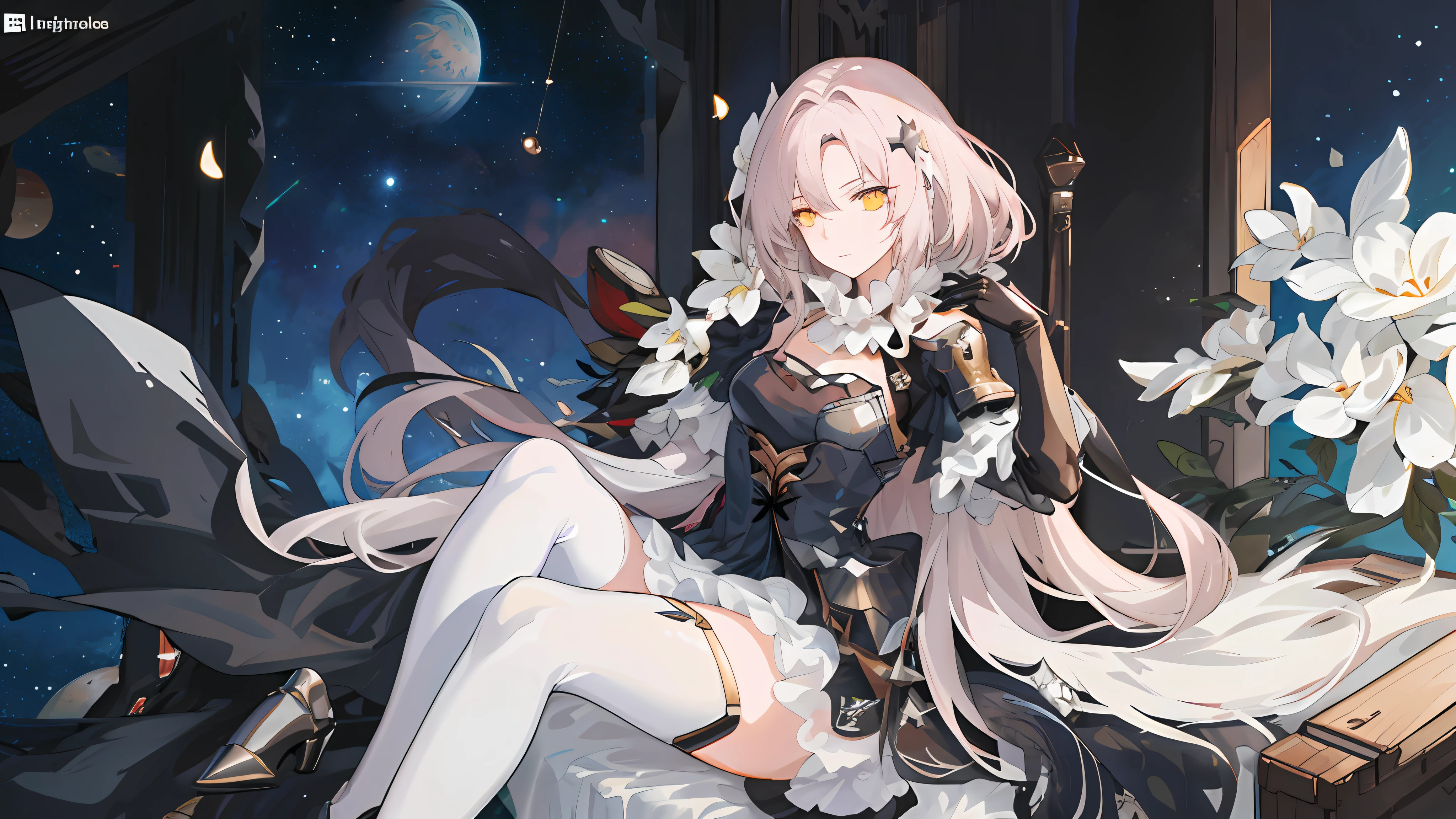 Anime girl long hair, from the night of the ark, fine details. (1girl:1.5+female_character:0.8+sit:1.2+rubble+Arknight, Girls' Frontline: 1.2, highly detailed), (Arknight: 1.2, Girls' Frontline: 1.2, feminine aesthetic), style shadow universe, scene in the universe (outer space), Girl Front. （Artstation:0.8+Pixiv:1.2+Guweiz on Artstation）