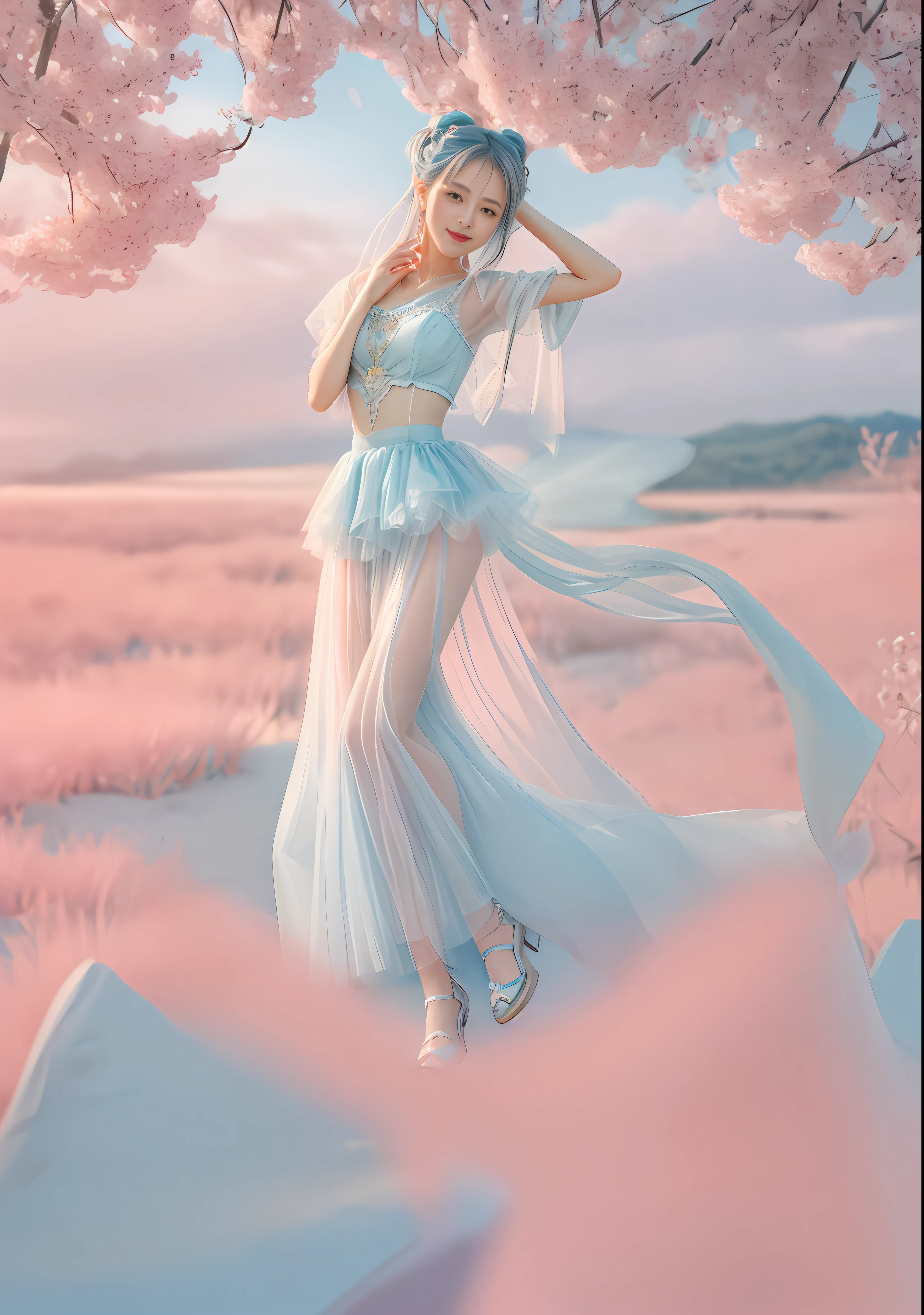 1 girl, single, (feet in the sky: 1.3), blue sky, mirror, light pink and light sky blue style, ethereal leaves, playful arrangement, fantasy, high contrast, (8K wallpaper: 1.3), realistic, octane rendering, surreal, (skin dents: 1.5), (realistic face: 1.2), (hands and feet blurred), sharp focus, masterpiece, (best quality), (mirror illumination: 1.5), light on face, sharp face, long hair, light makeup, smile: 1.2, cute, (after fingering: 1.1), (long tulle: 1.6), wind, bun, (shoes),