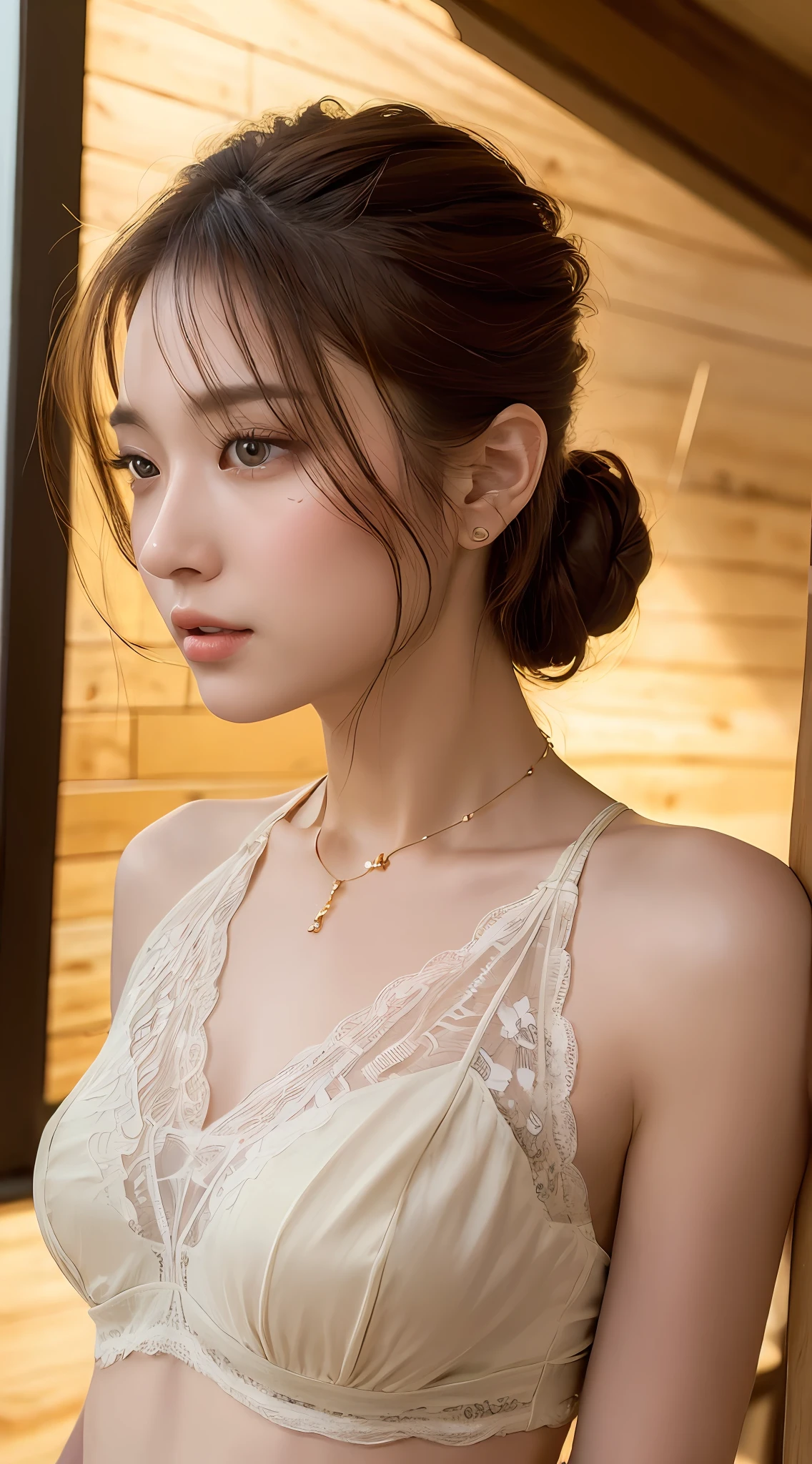 ((Best quality, 8k, Masterpiece :1.3)), Sharp focus :1.2, Perfect body beauty: 1.4, Slim abs: 1.2, ((chignon hair, small breasts: 1.2)), (Natural light), extremely detailed gorgeous autumn-leaf lace brassiere, extremely detailed gorgeous (((amber necklace))), tiara, highly detailed facial and skin textures, detailed eyes, double eyelids, (((Dynamic Angle)))