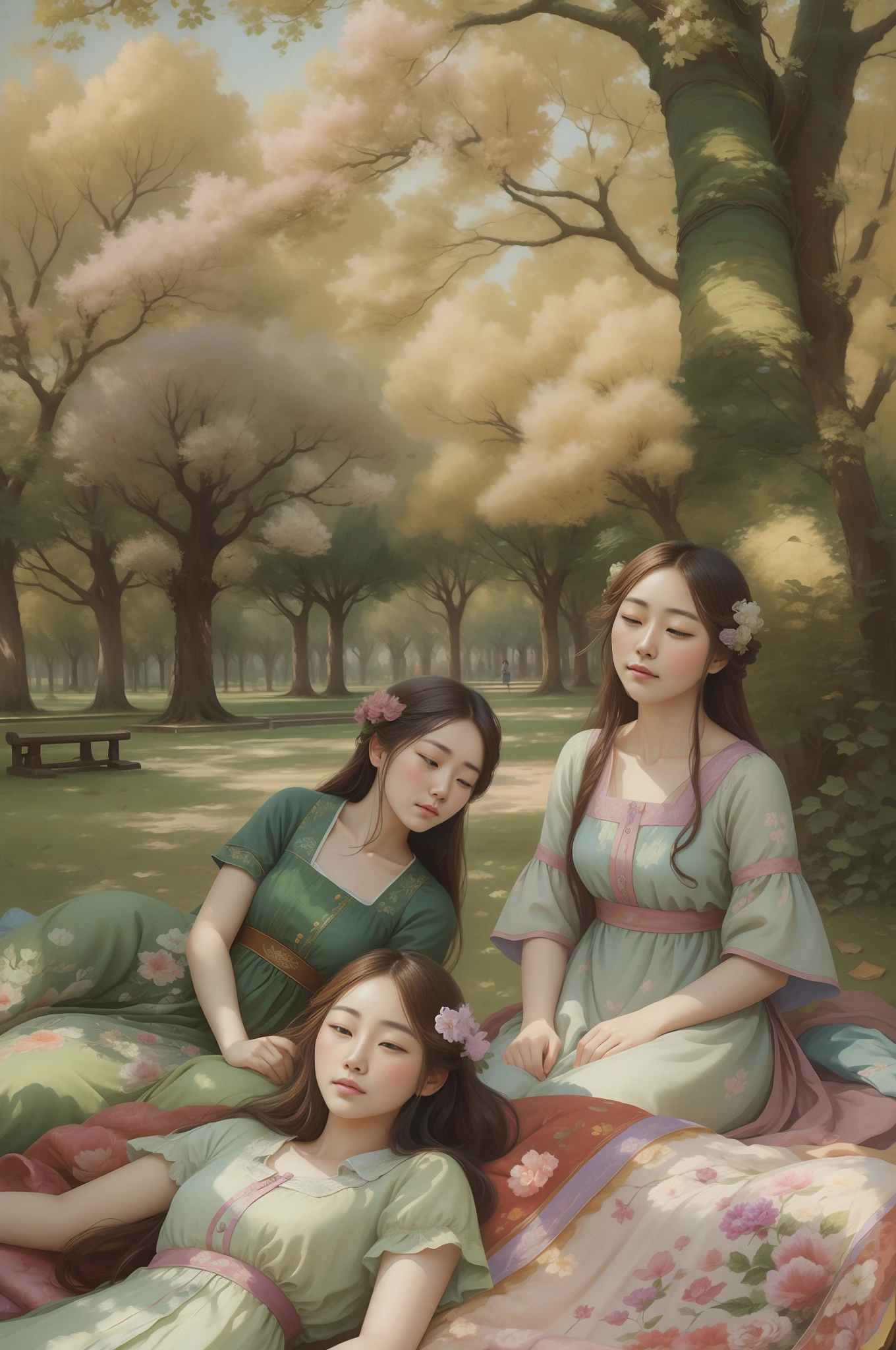 there are three women sitting on a blanket in the park,taking an afternoon nap,靠在树上, oil painting,impressionalism