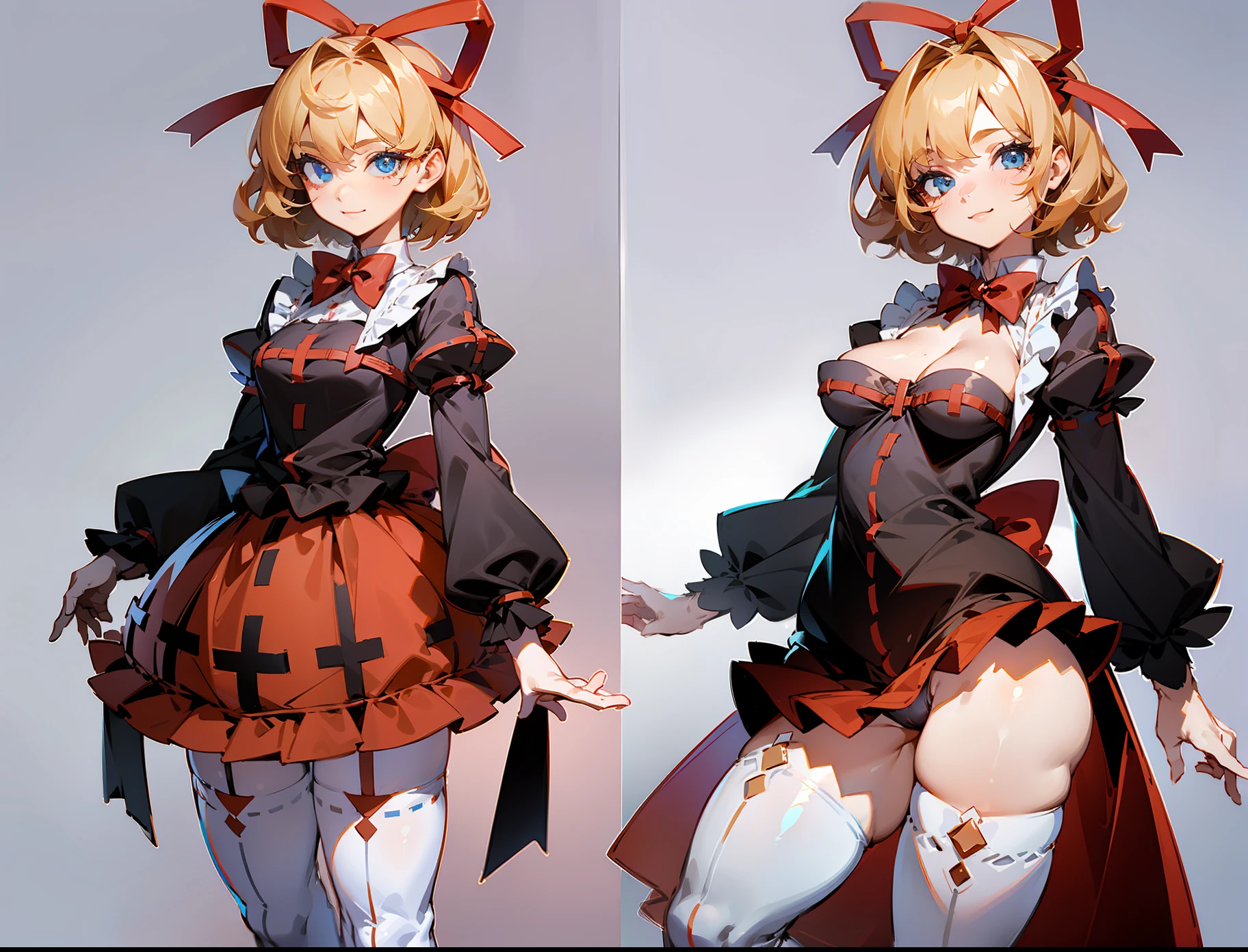 Masterpiece: 1.6, best quality: 1.4, live image: 1.2, intricate details: 1.2, charturnerv2: 1.2, 1lady full body character change, Appearance: young: 1.25, thin: 1.3, blue eyes, thick eyelashes,medium breasts, detailed eyes, quality eyes, Clothing: black shirt, red skirt, bubble skirt Accessories: red bow, red ribbon, Hair: blonde hair, short hair, semi curly hair, natural, shiny skin, (single background, white background:1.8), transparent Background, multiple views, multiple views of the same character in the same outfit: 1.3., character sheet: 1.2, multiple facial expressions: 1.3, seductive smile, sexy, shaded face, white legwear, white thighhighs,