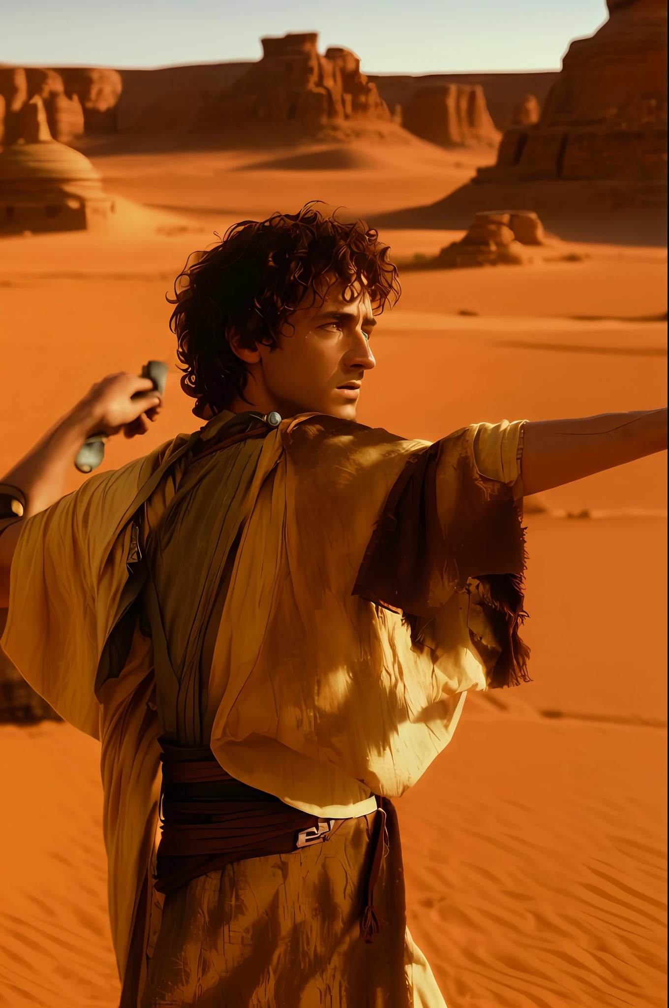 Arafed man in a brown robe holding a sling (object used to kill goliath, according to the bible, in a desert, frodo in Star Trek, Frodo, still from a fantasy film, digitally remastered, film still of God of War, in the movie Dune, mixed art, in the movie Excalibur 1 9 8 0, biblical epic film, from a movie scene, still from a live action movie