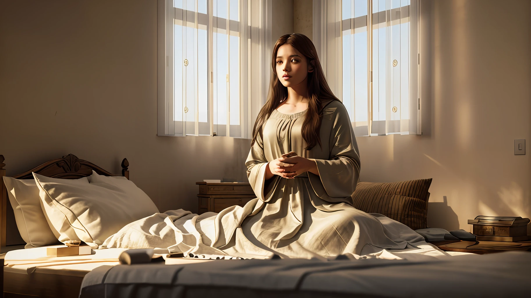 Standing Jesus Christ, girl lying on bed, resurrection of Jairus' daughter, biblical story, 8k, RAW photo, best quality, masterpiece: 1.5, ultra high resolution, photorealistic: 1.5, cinematic light, soft volumetric lighting: 1.5, realistic, photorealistic: 1, detailed skin, professional lighting, photography, sharp focus, detailed, professional lighting, photon mapping, detailed and intricate environment, highly detailed, best quality, artistic photography, photorealistic concept art, natural volumetric soft perfect light cinematic