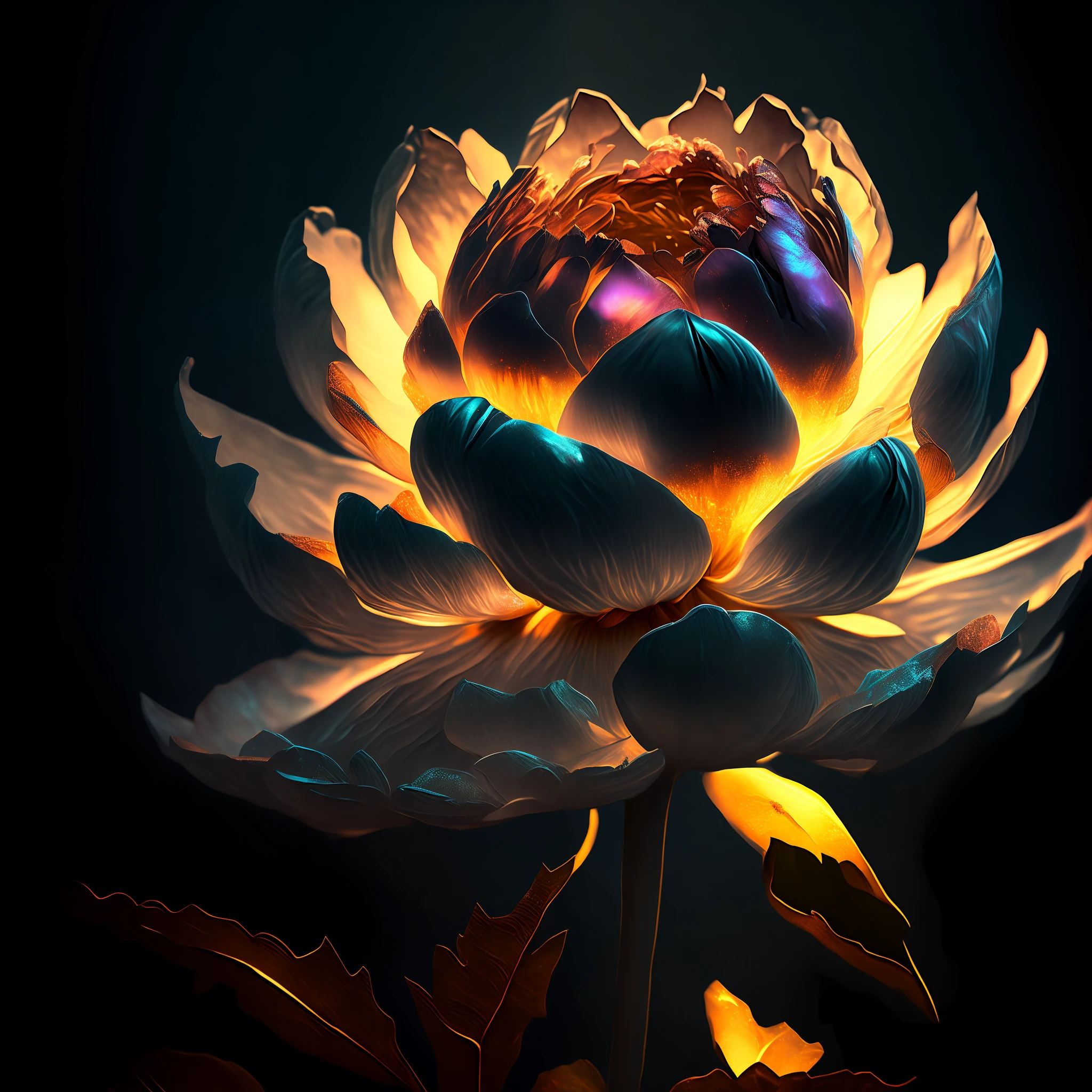 Peony flower, super transparent, holy light, beautiful spectrum light, petals glowing, shimmering, dark background, transparent light drops, reflected light, bright, light streaming in, optical, portrait silhouette, sharp focus, magical, intricate, hyper-realistic, fantasy, composition, light, artstation trend, pearl, patron saint cloud of silver steam, corroded surround ray family, 8k, real ar 23v4 uplight