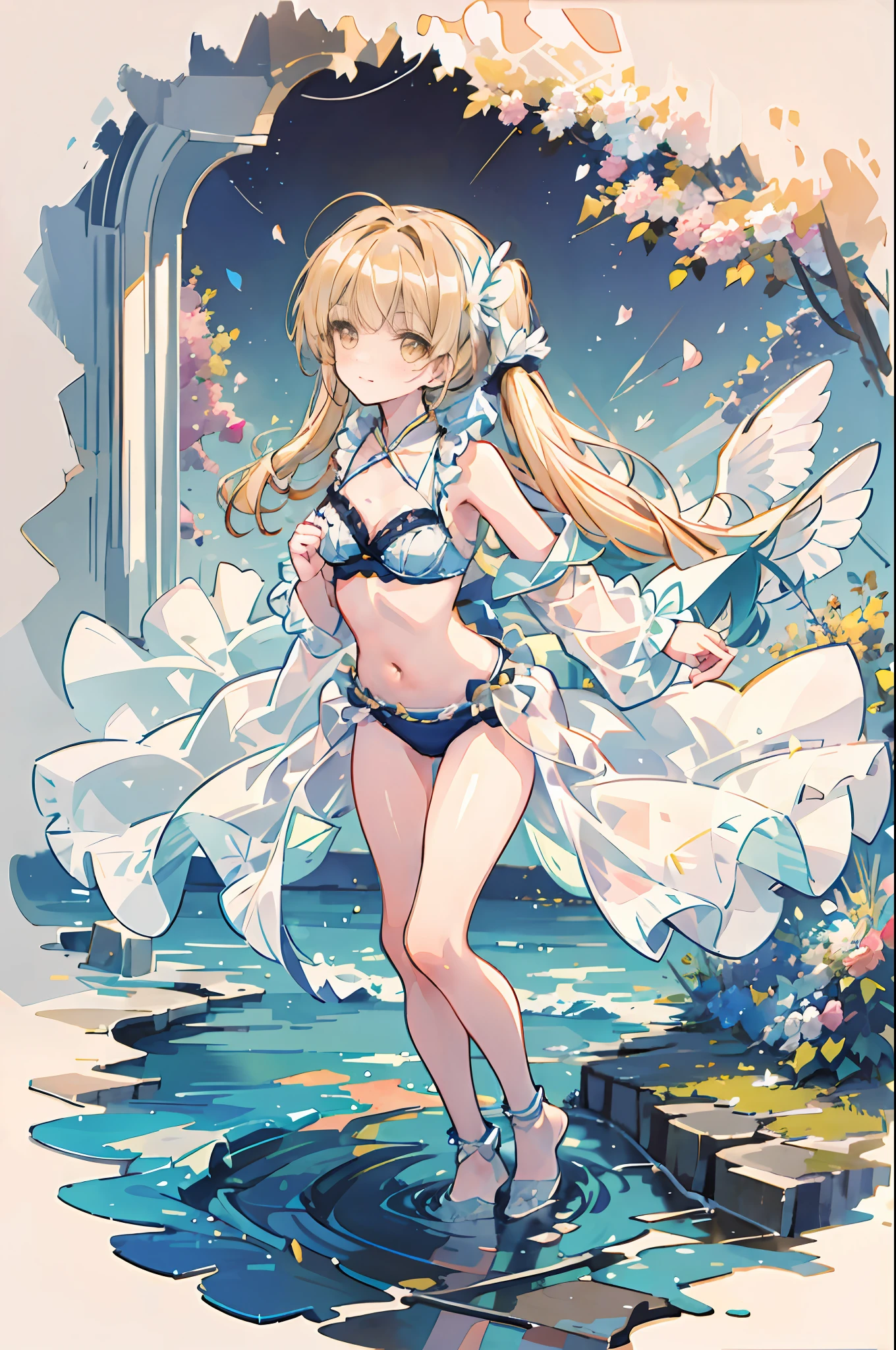 (Highest picture quality), (Master's work), [(white background:1.5),::5] (isometric:1.0), double exposure, bubble,
mid shot, full body,
//
masterpiece, best quality, 1girl, (colorful),(finely detailed beautiful eyes and detailed face) ,yellow eyes, yellow hair, solo, smile, hair ornaments, flower hair ornaments, flowers on hair, head band, side ponytail, floating hair, untied hair, headband, lingerie, bra, white lingerie, strap slip, white lingerie, strap slip, slipping strap, strap slipping from shoulders, white panties, garter belt, navel,((flying petal)),(Flowery meadow) sky, full body, ocean, sea waves, water splashes, sky, light particles, flower hair ornaments, butterflies, night sky, starry sky, pond, petals (lens flare), walking on pond, water reflection, pond, cleavage, medium breast, aurora sky, night sky, galaxy sky, horizon, mountains, forest, moon, index fingers together
