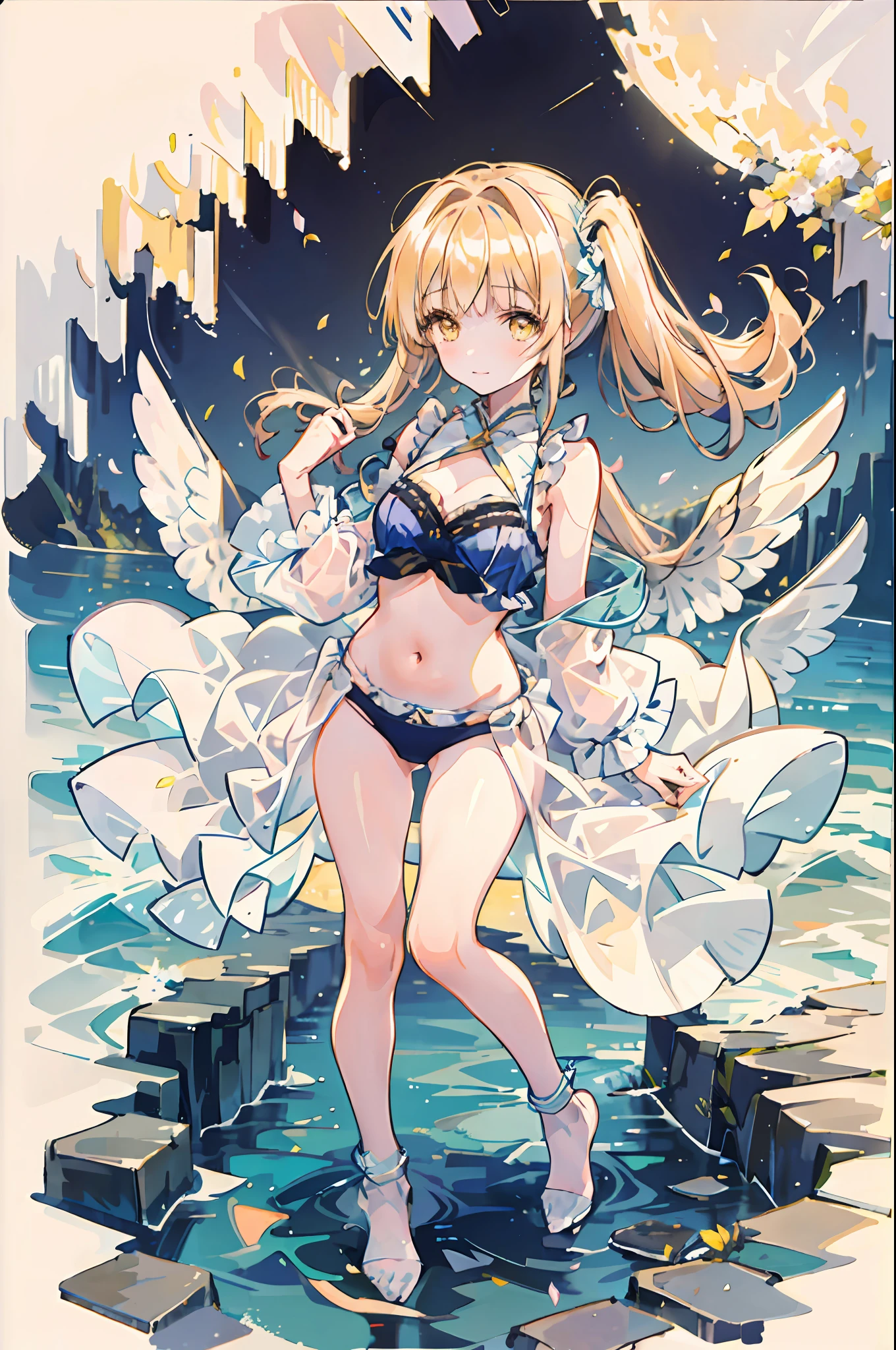 (Highest picture quality), (Master's work), [(white background:1.5),::5] (isometric:1.0), double exposure, bubble,
mid shot, full body,
//
masterpiece, best quality, 1girl, (colorful),(finely detailed beautiful eyes and detailed face) ,yellow eyes, yellow hair, solo, smile, hair ornaments, flower hair ornaments, flowers on hair, head band, side ponytail, floating hair, untied hair, headband, lingerie, bra, white lingerie, strap slip, white lingerie, strap slip, slipping strap, strap slipping from shoulders, white panties, garter belt, navel,((flying petal)),(Flowery meadow) sky, full body, ocean, sea waves, water splashes, sky, light particles, flower hair ornaments, butterflies, night sky, starry sky, pond, petals (lens flare), walking on pond, water reflection, pond, cleavage, medium breast, aurora sky, night sky, galaxy sky, horizon, mountains, forest, moon, index fingers together