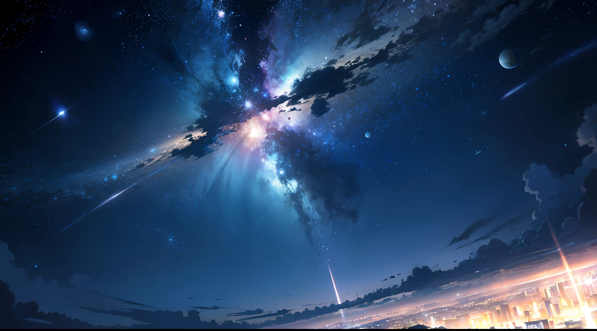 wallpaper, ridiculous resolution, high resolution, (masterpiece:1.4), super detailed, stars, seen from above, space, floating, night, delicate blue loght, --v 6