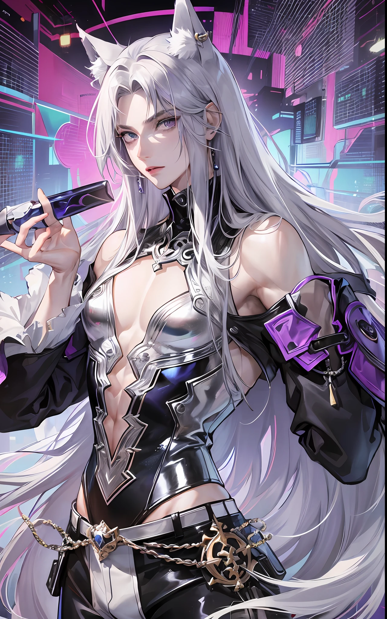man, masculine, masculine face, attractive, muscular, ((1man)), masterpiece, absurdres, best quality ,intricate details , (shiny skin, shiny body, shiny oily luster skin, shiny hair, pale skintone), Sundown, attractive, ((muscular)), adult, one, ((open chest)), ((no blouse)), earrings, black pants, Don't look at the view , Not looking at the view, purple blue long hair, perfect detailed face, perfect detailed hands, wolf ears, wolf tail, silver gray eyes, ((MLS)), medium large shoot