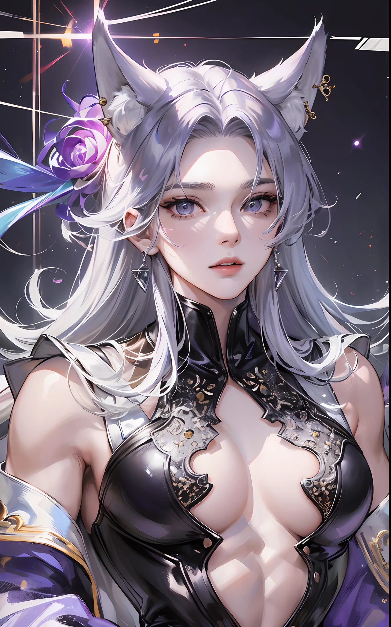 man, masculine, masculine face, attractive, muscular, ((1man)), masterpiece, absurdres, best quality ,intricate details , (shiny skin, shiny body, shiny oily luster skin, shiny hair, pale skintone), Sundown, attractive, ((muscular)), adult, one, ((open chest)), ((no blouse)), earrings, black pants, Don't look at the view , Not looking at the view, purple blue long hair, perfect detailed face, perfect detailed hands, wolf ears, wolf tail, silver gray eyes, ((MLS)), medium large shoot