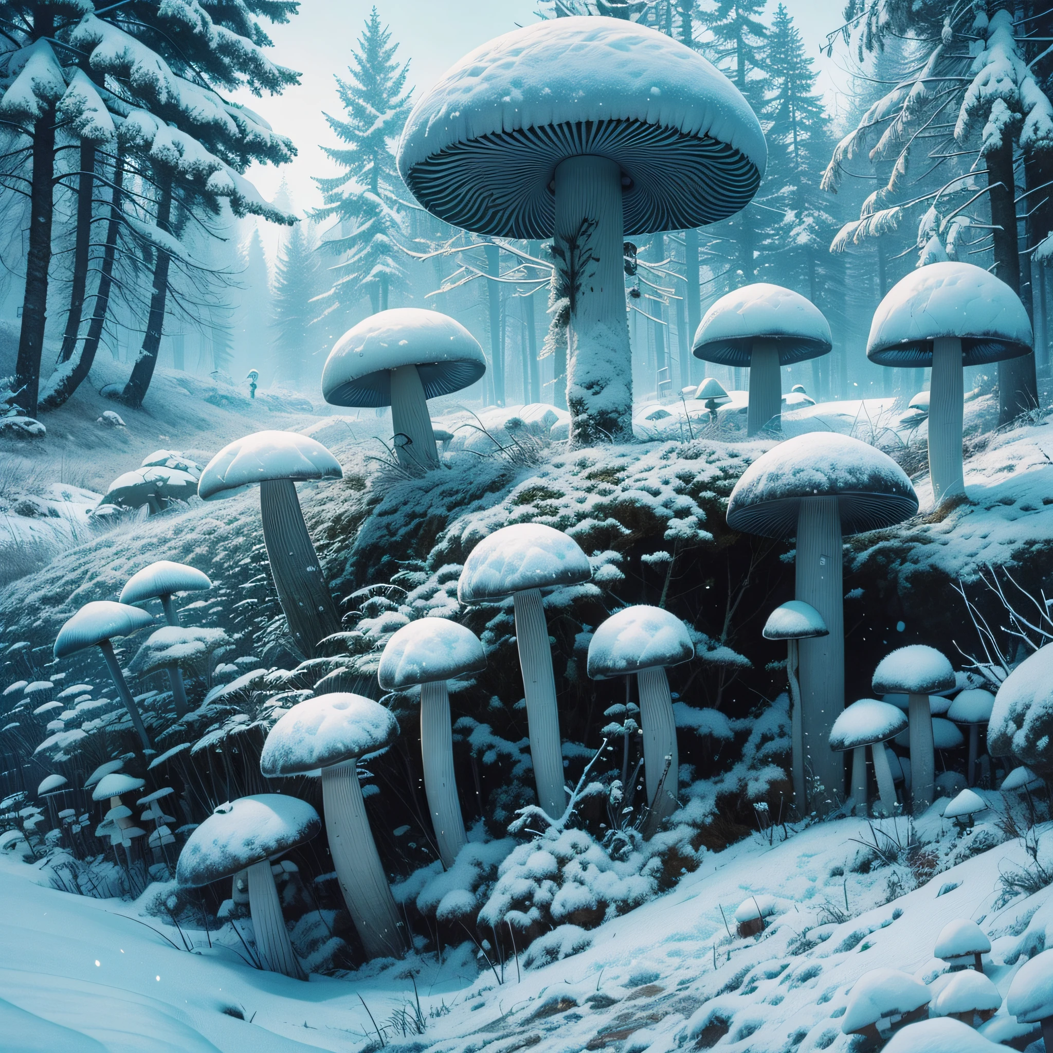 Color: steel grey Secondary Color:icey blue

Weather: snowy Landscape: lots of mushrooms

Random: moss
