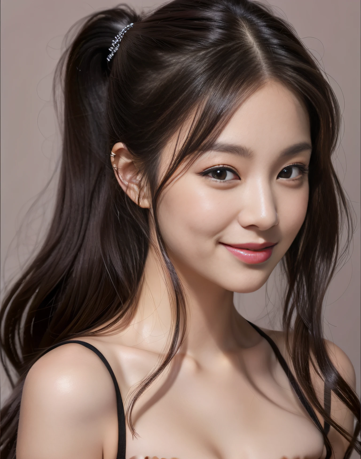 Tight shirt, big breasts, big eyes, light smile, 8k, very fine face, delicate lips, delicate eyes, double eyelids, ponytail hairstyle, dark black long straight hair