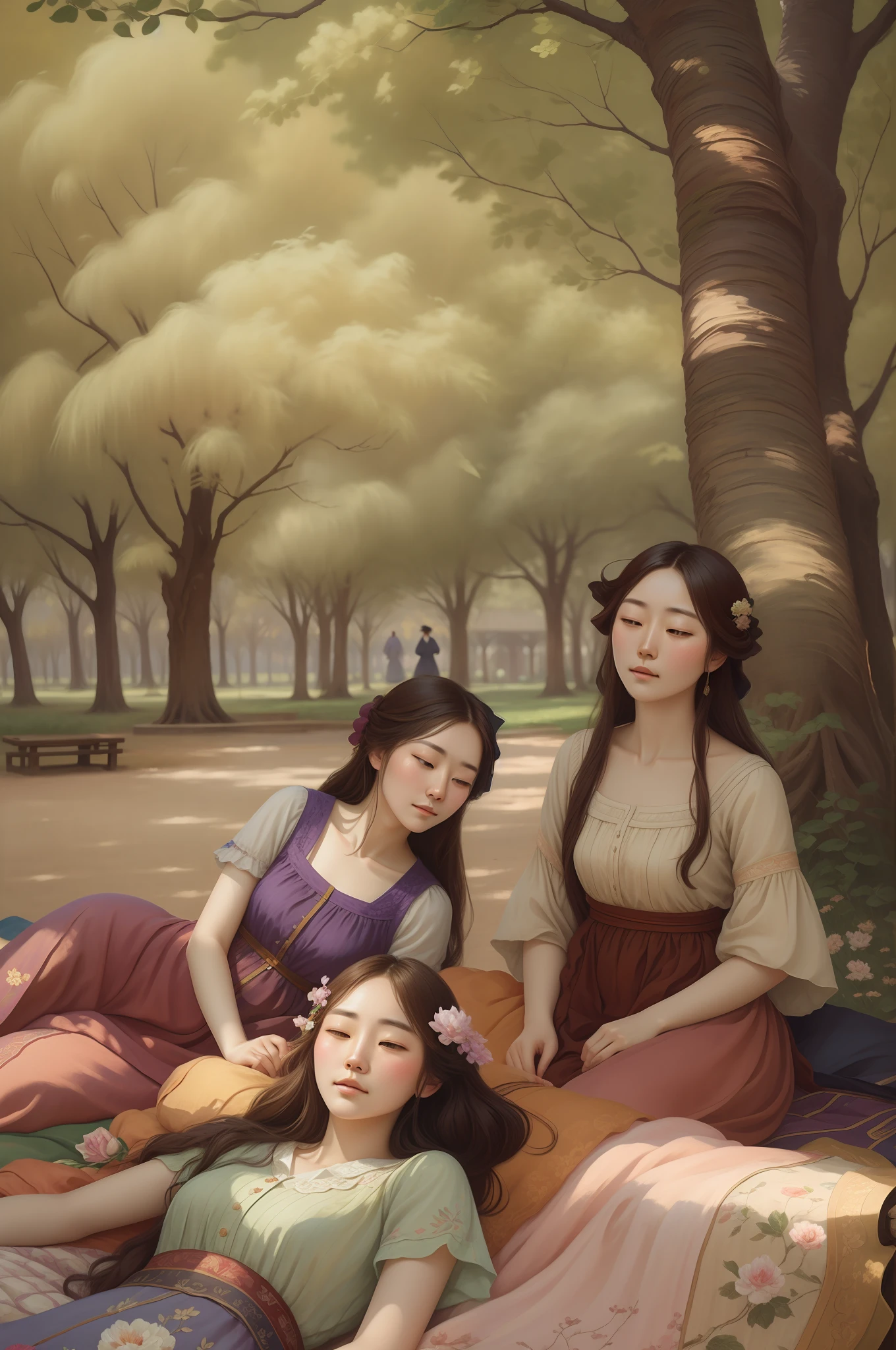 there are three women sitting on a blanket in the park,taking an afternoon nap,靠在树上, oil painting,impressionalism