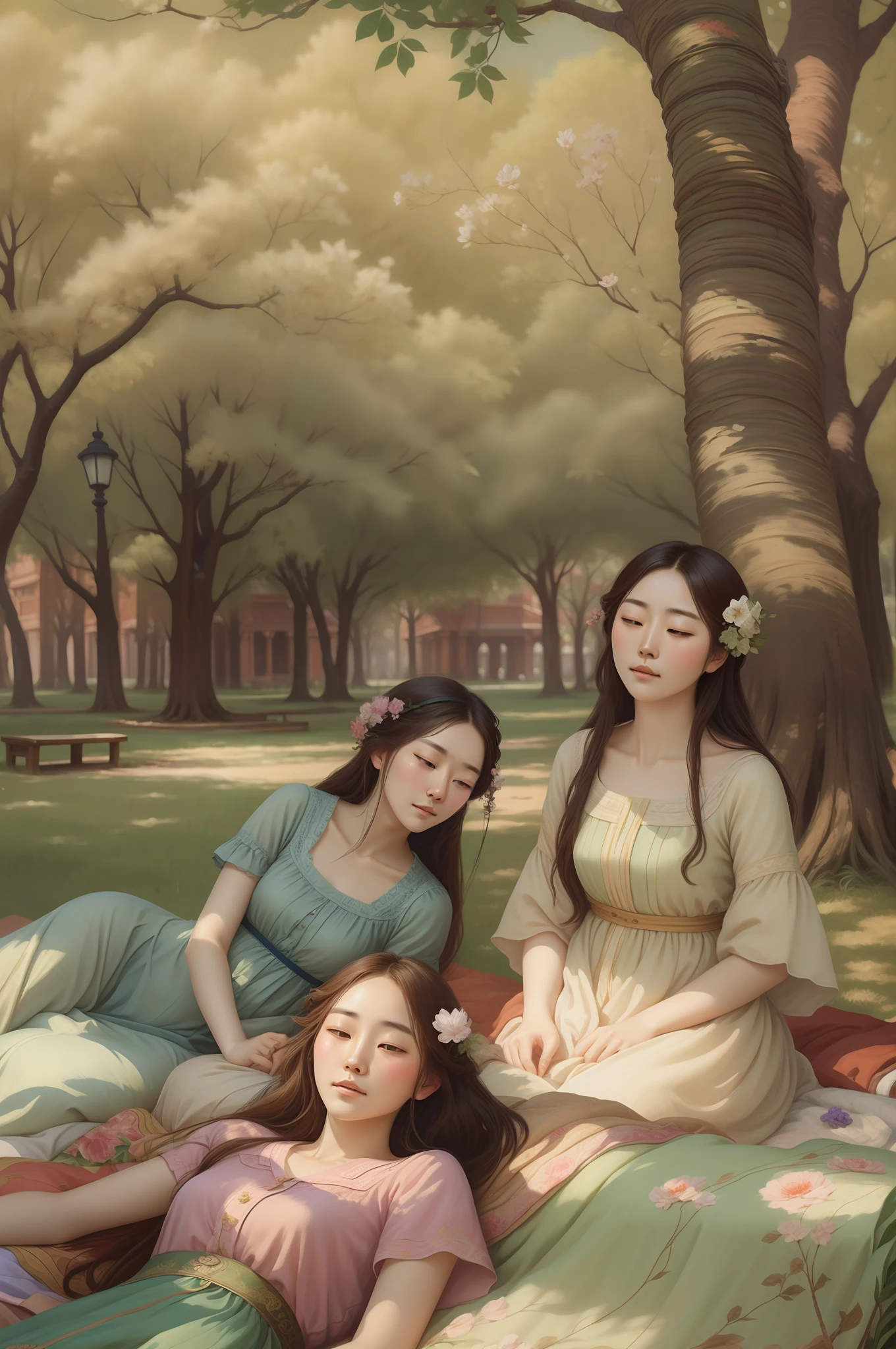 there are three women sitting on a blanket in the park,taking an afternoon nap,靠在树上, oil painting,impressionalism