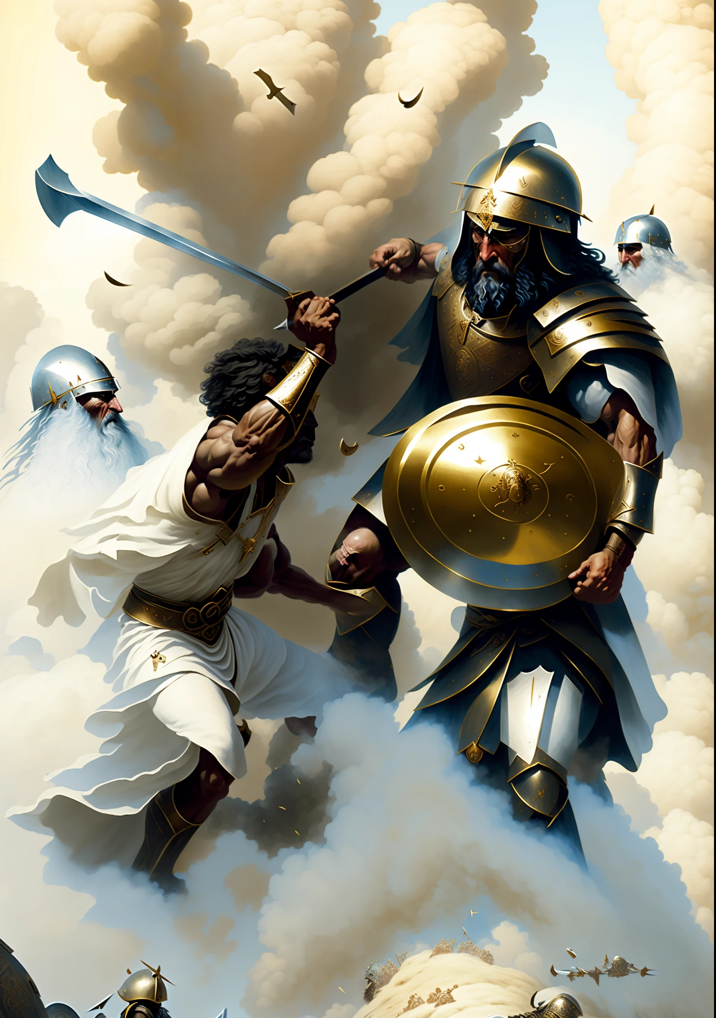 painting of a man holding a sword and a shield while a man in a white shirt holds a shield, david and goliath, leading a battle, painting of goliath, epic biblical depiction, by Roman Bezpalkiv, fighting scene, intense fighting, intense combat, intense battle, epic fight, in battle, by Artur Tarnowski, epic battle scene
