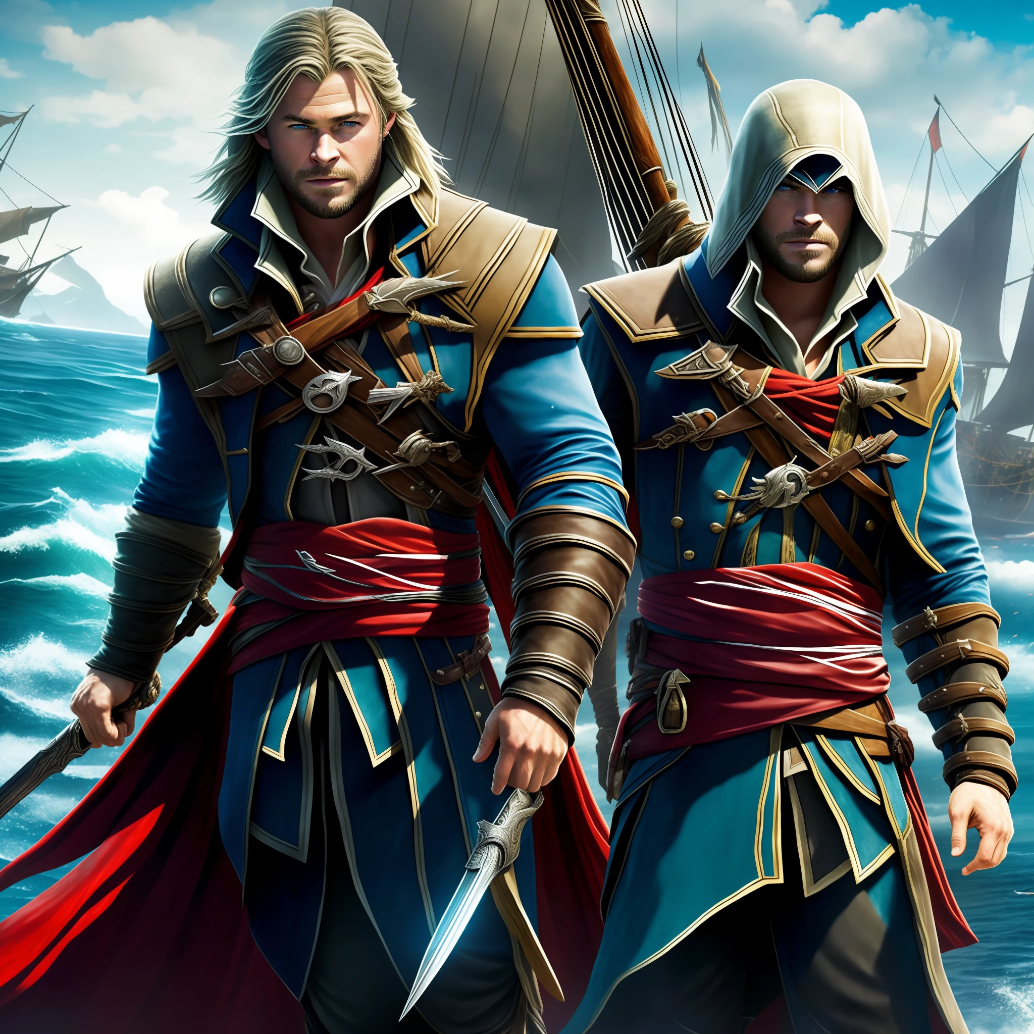 Chris Hemsworth, Assassin's Creed, Edward Kenway, ship, blonde, masterpiece, top quality,