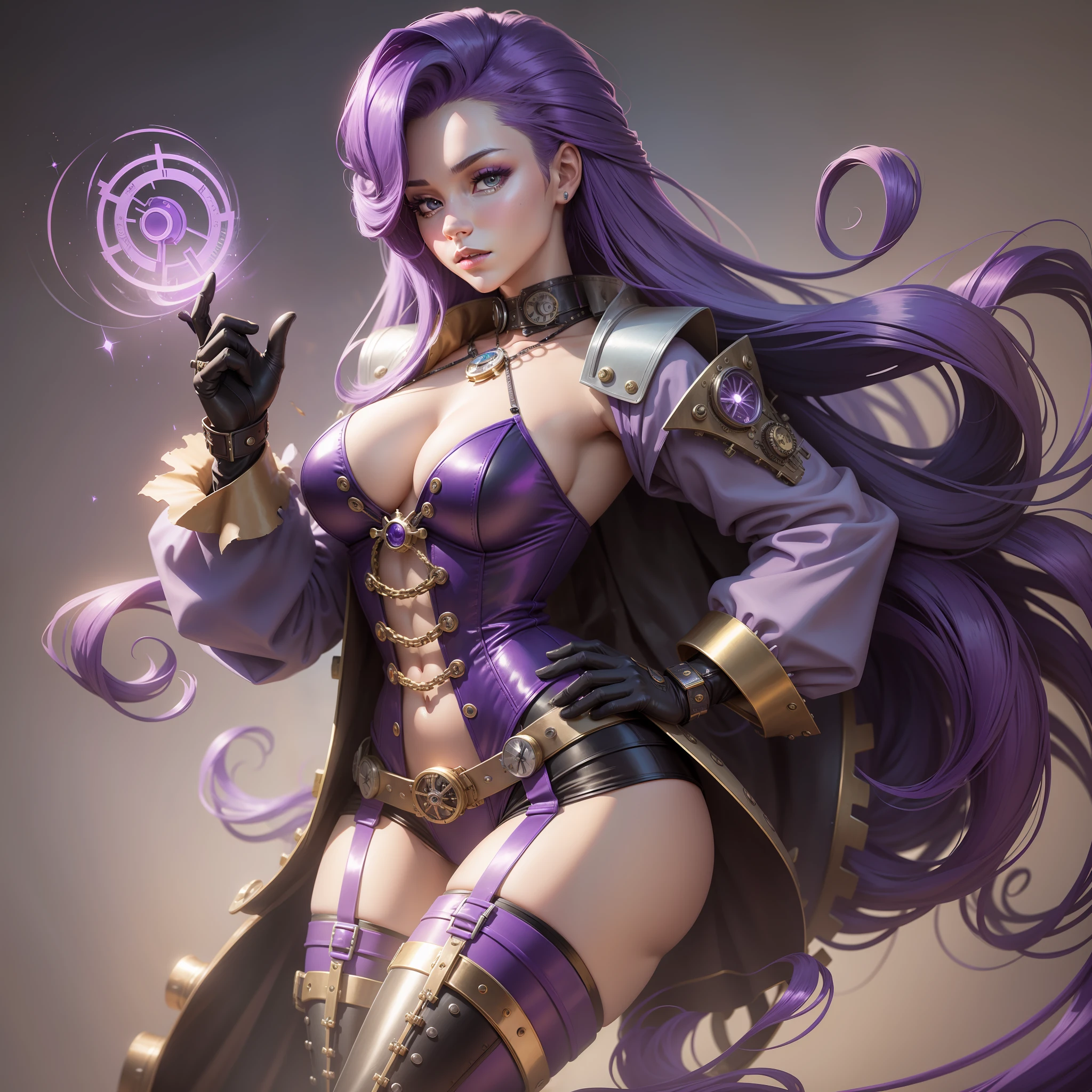 Rarity, Rarity from my little pony, Rarity in the form of a girl, long hair, lush hair, purple hair, twisted hair, Steampunk, body from steampunk mechanisms, golden gears, not human, gear leather, purple boots, white suit, full-length, steampunk style, best quality, very detailed, ultra 8k resolution