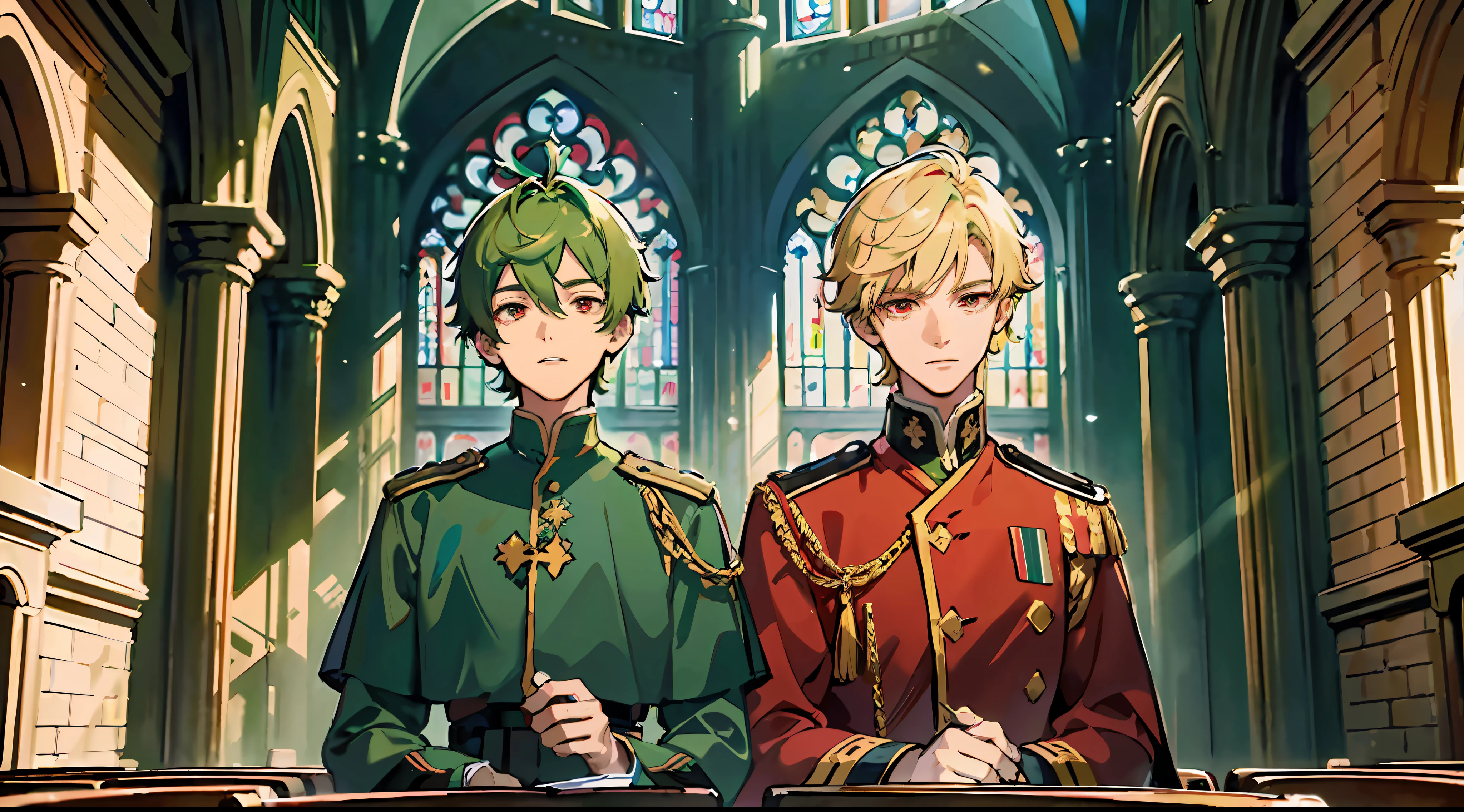 (Masterpiece: 1.4, highest image quality)),Two young men are standing in a church,and super fine illustration, extremely cute and beautiful 2young mens,(very short blonde hair and red eyes and military uniform:1.2),and super fine illustration, extremely cute and beautiful 2young mens,(green hair and big eyes:1.2) , clergy robes,dynamic pose