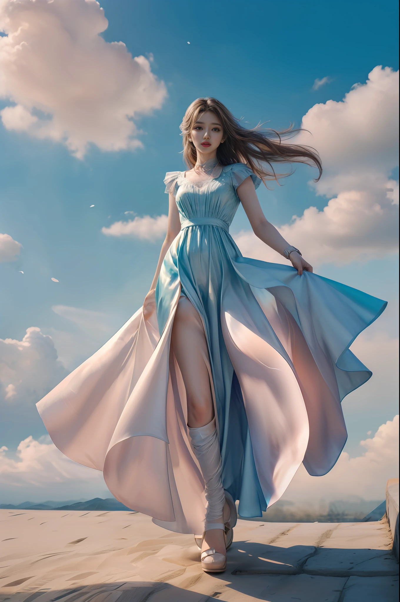 (8k, RAW photo, photorealistic:1.25), ( lip gloss, eyelashes, glossy side, shiny skin, best quality, ultra high resolution, depth of field, chromatic aberration, caustics, wide light, natural shadows, headwear, Kpop idol), (dreamy and romantic compositions: 1.5), light pink style, 1girl, (sky witch: 1.5), tall and thin beauty goddess, flowing dress, conservative girl, cloud goddess, flowing realistic fabric, wearing flowing dress, realistic, blue sky in background, (wind: 1.5), (full body: 1.5), add_detail,