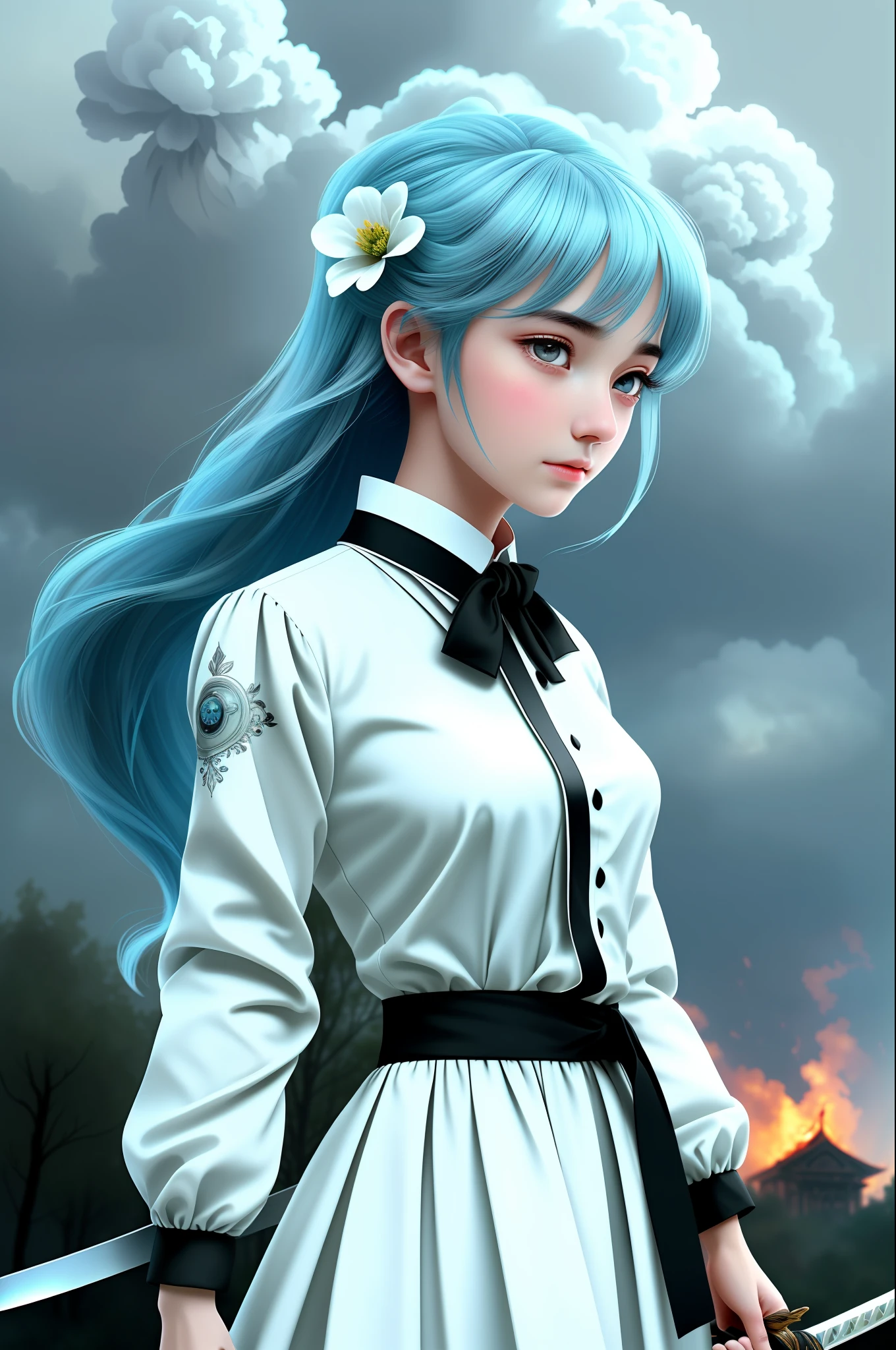 Masterpiece, delicate, illustration, {beautiful and detailed girl}, beautiful and detailed aura, (fire of war: 1.2), (nuclear explosion in background: 1.3), rain, detail lighting, detail water, (beautiful and detailed eyes: 1.1), expression, palace, sky blue hair, scattered hair, long bangs, eyebrows, (white gray dress: 1.1), black ribbon, white bow tie, upper abdomen, large forehead, dark flowers, long sleeves, ((carrying a long sword))