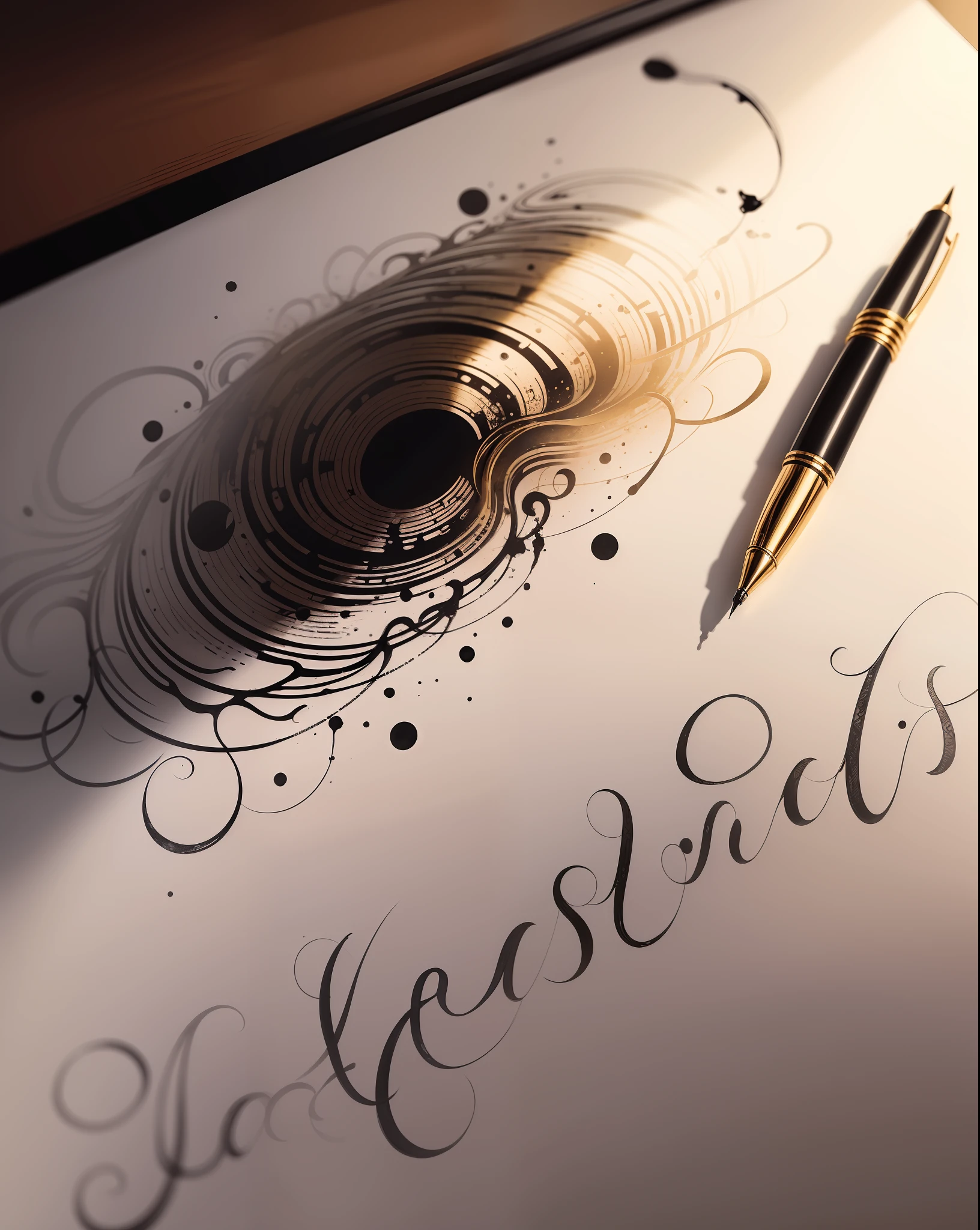 n old sheet but with nothing written with golden tones and realistic with a silver pen dripping black ink