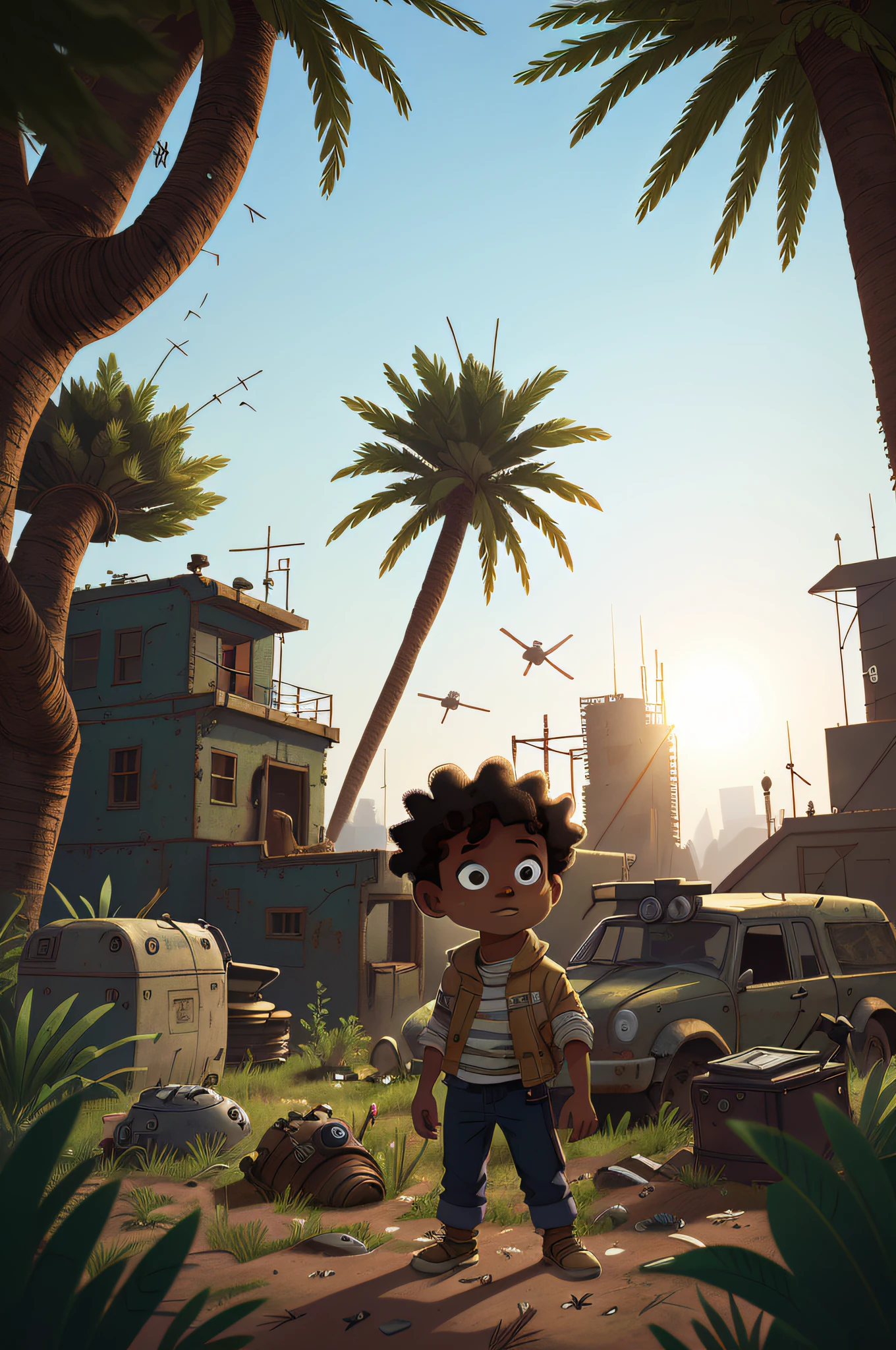 solo ??? in the Wasteland, post-apocalyptic, black, afro, boy solo, one boy, drawing, clear focus (clutter - house: 0.8), (masterpiece: 1.2) (realistic: 1.2) (bokeh) (best quality) (detailed skin: 1.3) (intricate details) (8K) (eye detail) (clear focus), (happy) full height, clean background, long-range composition, 85MM SHOT