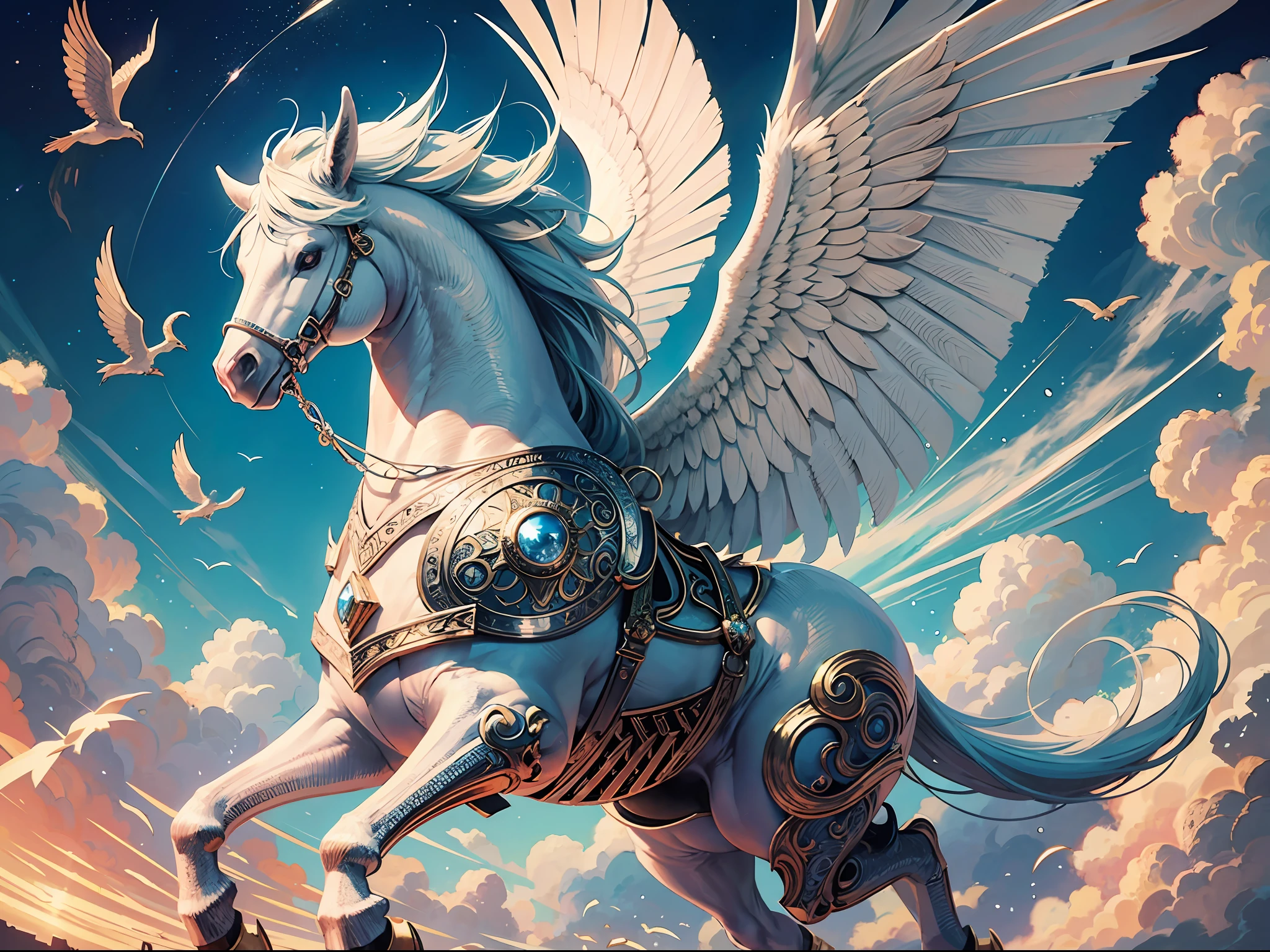 (Masterpiece), (Intricate Details), (Perfect Anatomy:1.3), Legendary creatures, Pegasus with the head of the goddess Athena flies in the sky, An ancient city floating in the clouds,