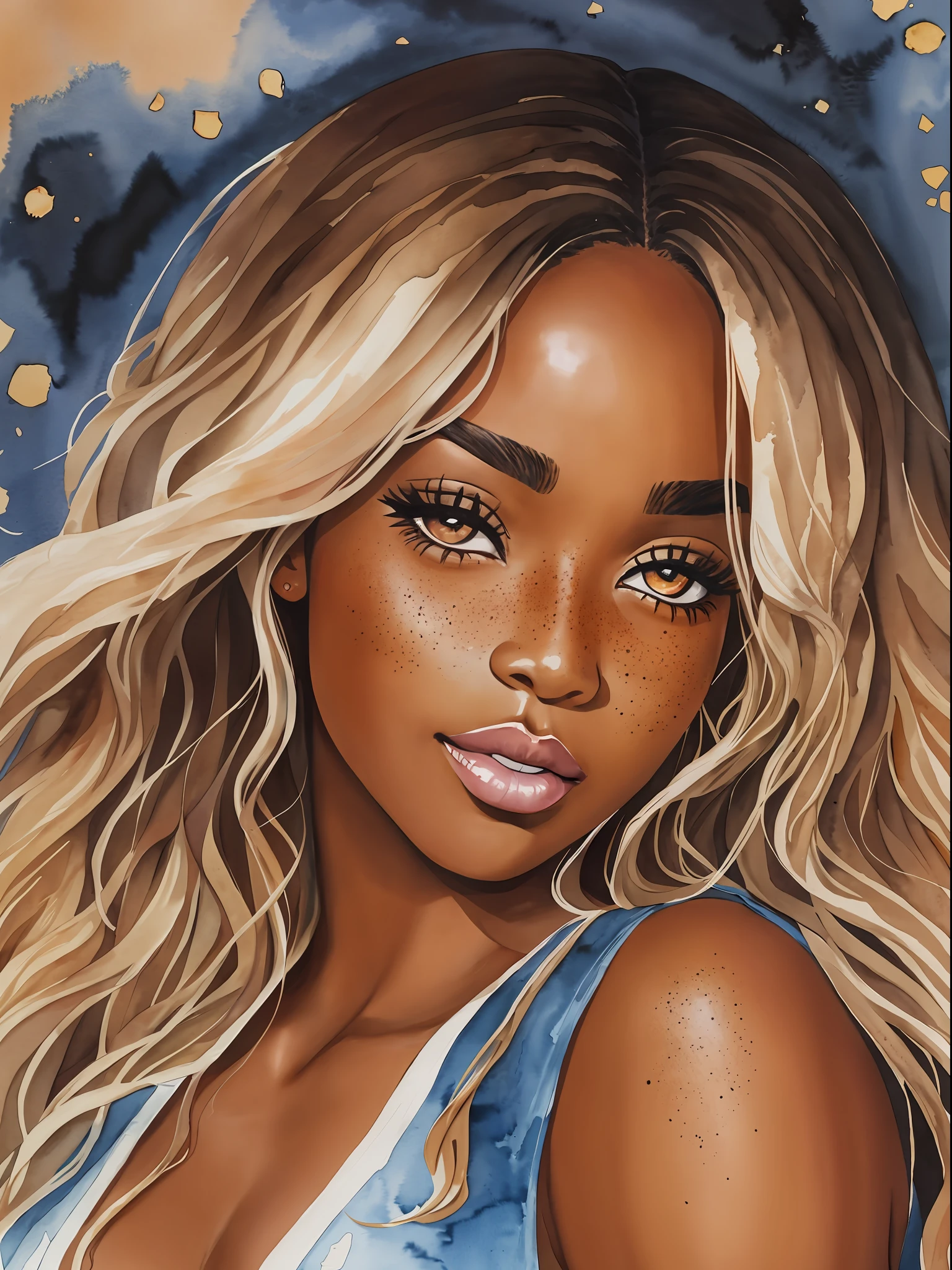 watercolor painting Real, black woman 30 years old, tanned skin, hazel eyes, almond eyes, plump lips, long wavy blond hair freckles, looks over his shoulder 8k 8mm