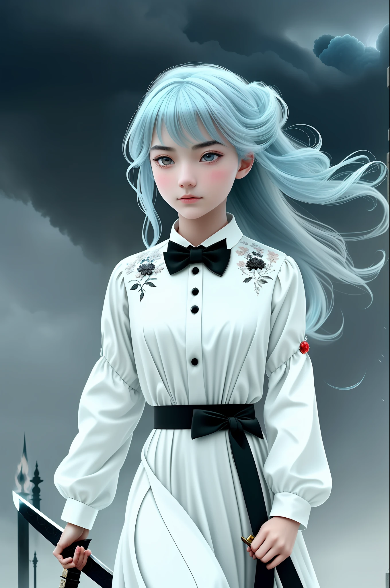 Masterpiece, delicate, illustration, {beautiful and detailed girl}, beautiful and detailed aura, (fire of war: 1.2), (nuclear explosion in background: 1.3), rain, detail lighting, detail water, (beautiful and detailed eyes: 1.1), expression, palace, sky blue hair, scattered hair, long bangs, eyebrows, (white gray dress: 1.1), black ribbon, white bow tie, upper abdomen, large forehead, dark flowers, long sleeves, ((carrying a long sword))