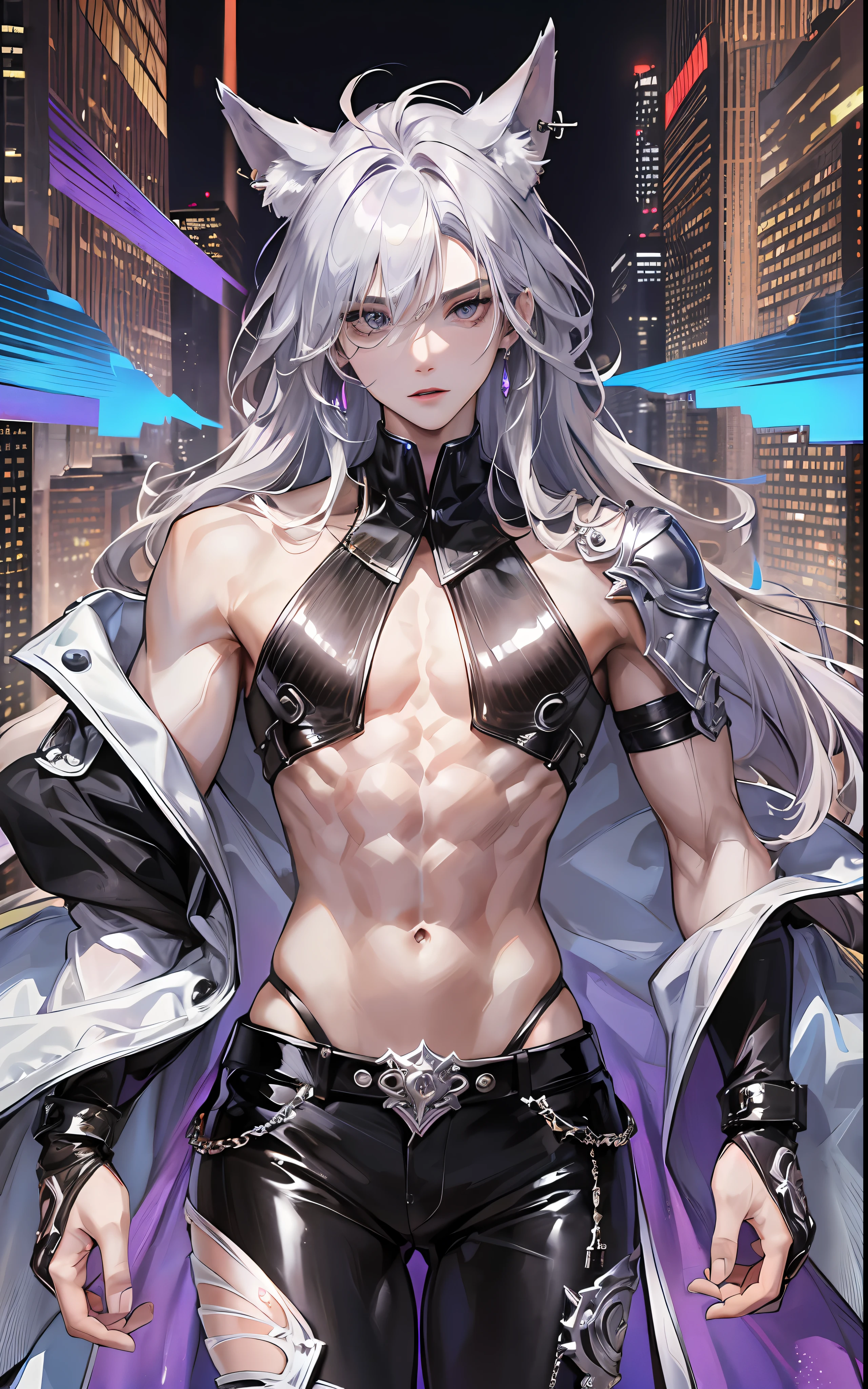 man, masculine, masculine face, attractive, muscular, ((1man)), masterpiece, absurdres, best quality ,intricate details , (shiny skin, shiny body, shiny oily luster skin, shiny hair, pale skintone), Sundown, attractive, ((muscular)), adult, one, ((open chest)), ((no blouse)), earrings, black pants, Don't look at the view , Not looking at the view, purple blue long hair, perfect detailed face, perfect detailed hands, wolf ears, wolf tail, silver gray eyes, ((MLS)), medium large shoot