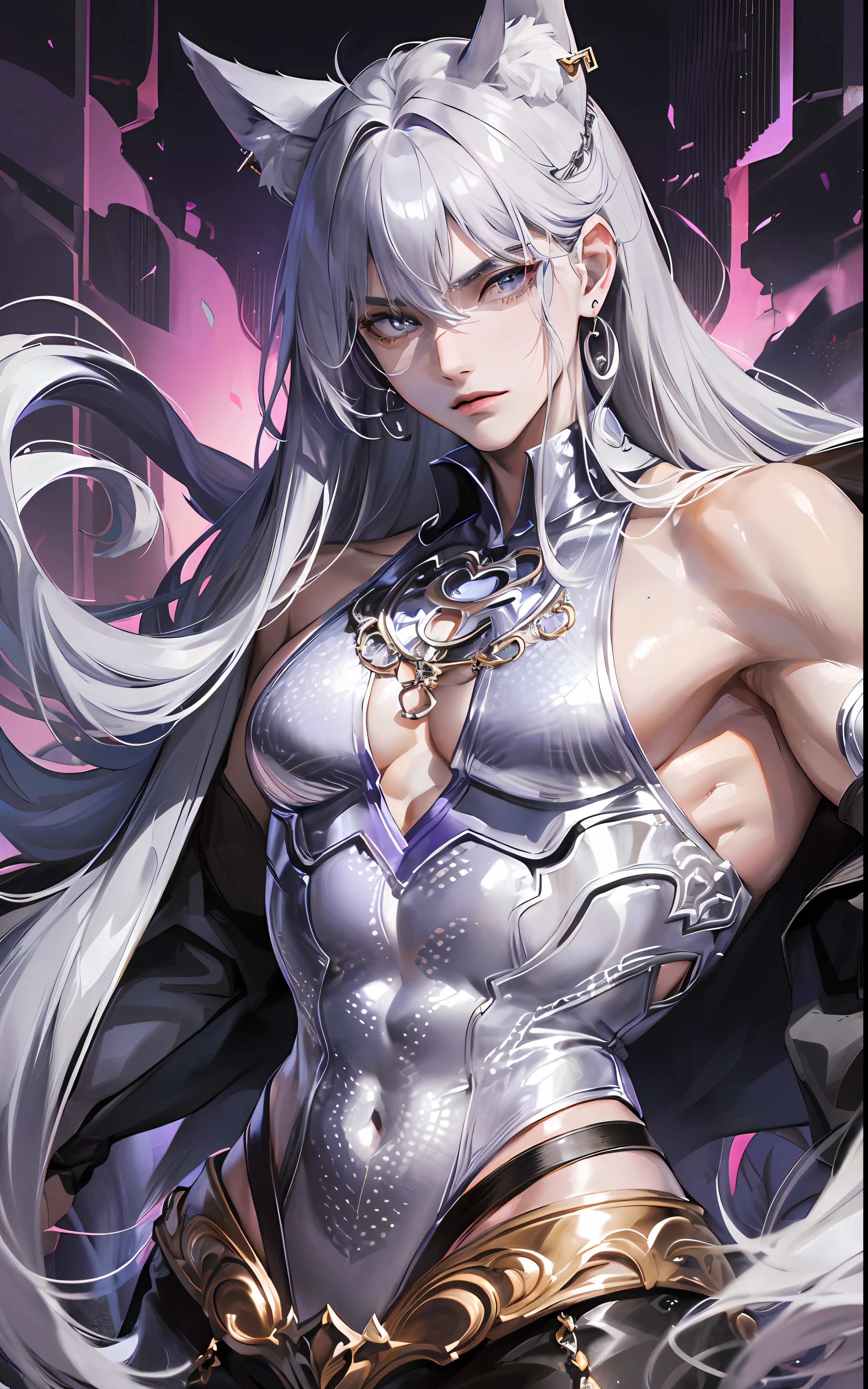 man, masculine, masculine face, attractive, muscular, ((1man)), masterpiece, absurdres, best quality ,intricate details , (shiny skin, shiny body, shiny oily luster skin, shiny hair, pale skintone), Sundown, attractive, ((muscular)), adult, one, ((open chest)), ((no blouse)), earrings, black pants, Don't look at the view , Not looking at the view, purple blue long hair, perfect detailed face, perfect detailed hands, wolf ears, wolf tail, silver gray eyes, ((MLS)), medium large shoot