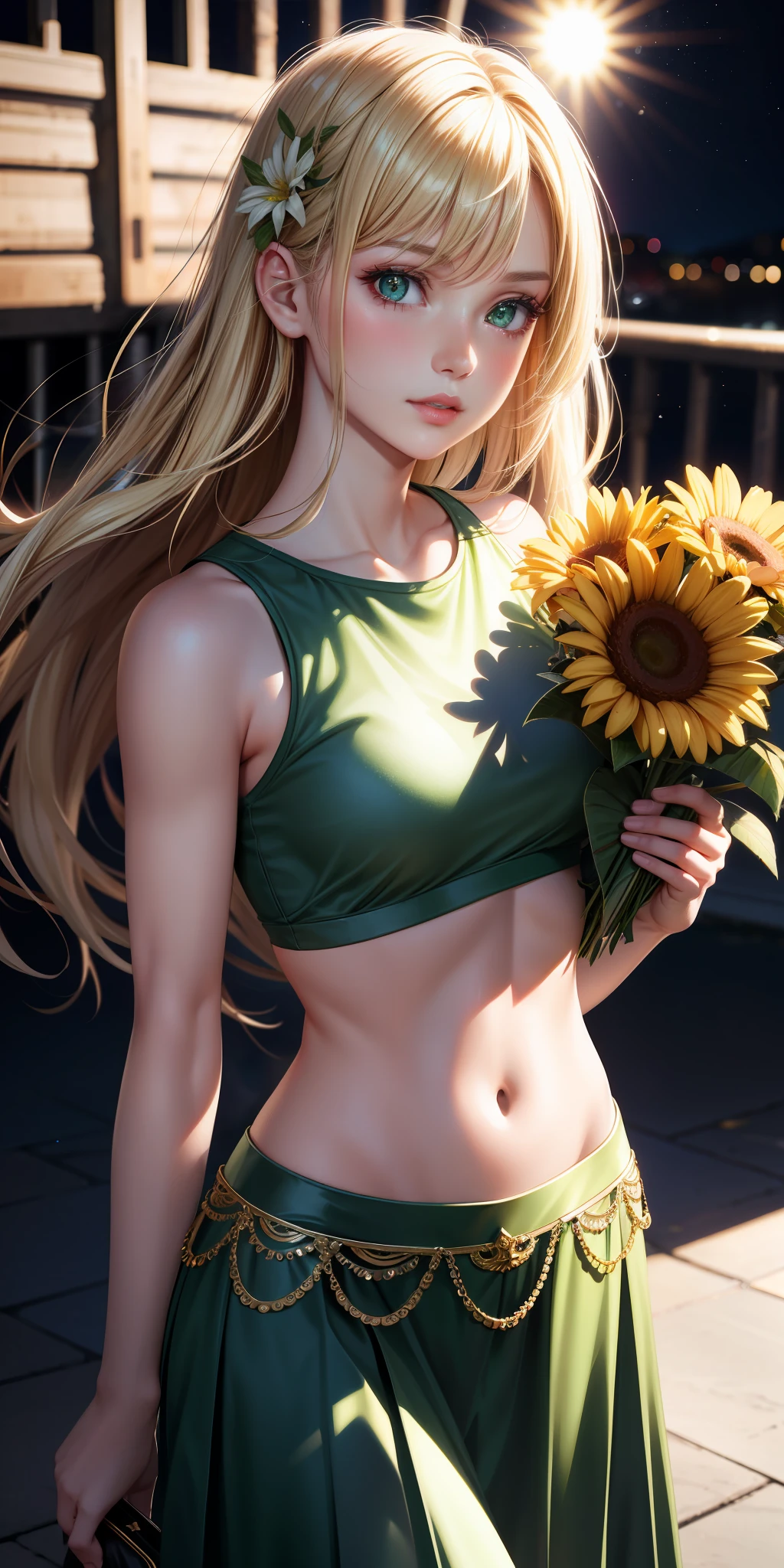 realistic, girl single, blonde, green eyes, shining eyes, crop top, skirt, parted lips, blush, night, flower, sun, sunlight,