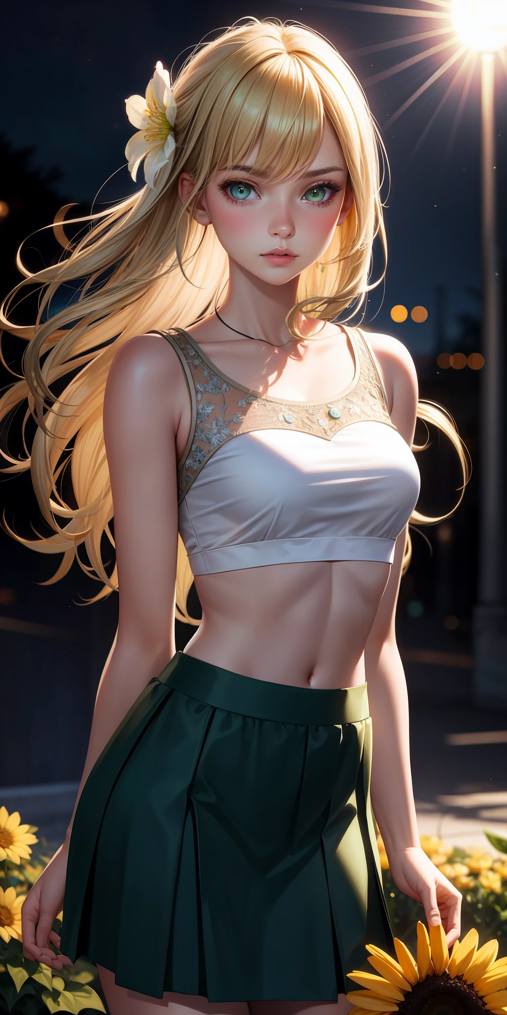 realistic, girl single, blonde, green eyes, shining eyes, crop top, skirt, parted lips, blush, night, flower, sun, sunlight,