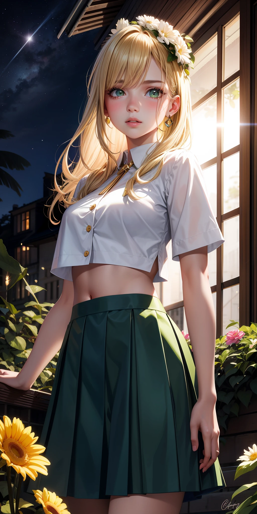 realistic, girl single, blonde, green eyes, shining eyes, crop top, skirt, parted lips, blush, night, flower, sun, sunlight,