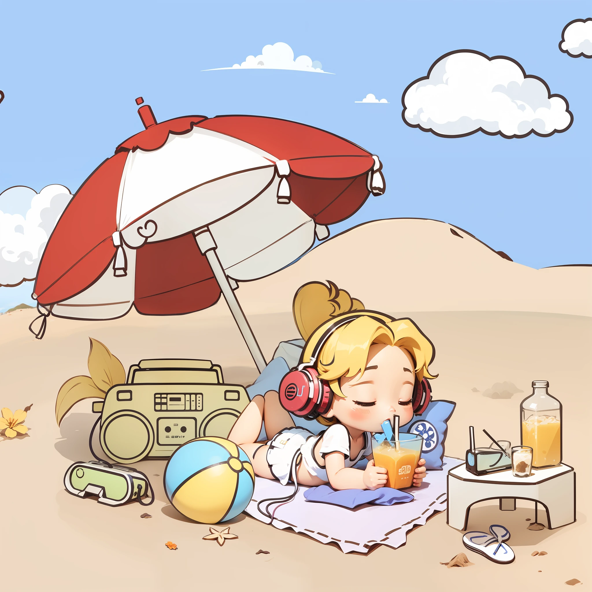 Flat illustration style Blue sky and white clouds Summer afternoon beach relaxation Lying on the mat, drinking juice, listening to music, radio --auto --s2