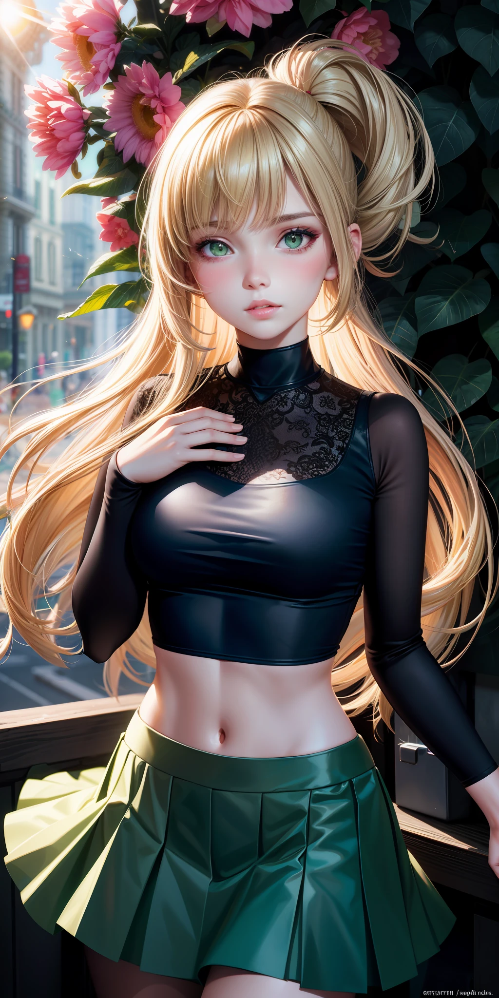 realistic, girl single, blonde, green eyes, shining eyes, crop top, skirt, parted lips, blush, night, flower, sun, sunlight,