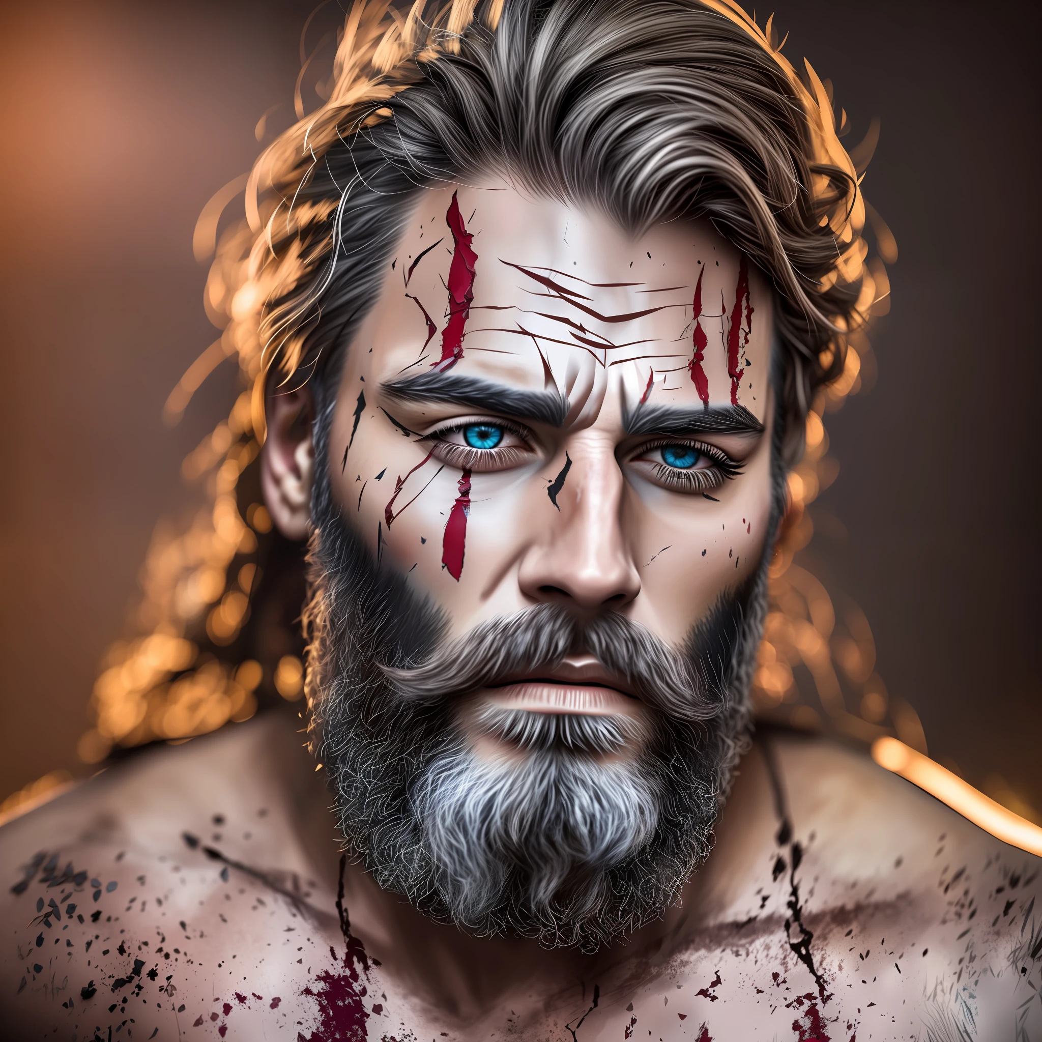1 man with bruised face, bleeding, scar on eyeshadow, brave, beard done, ultra-detailed, insanely realistic