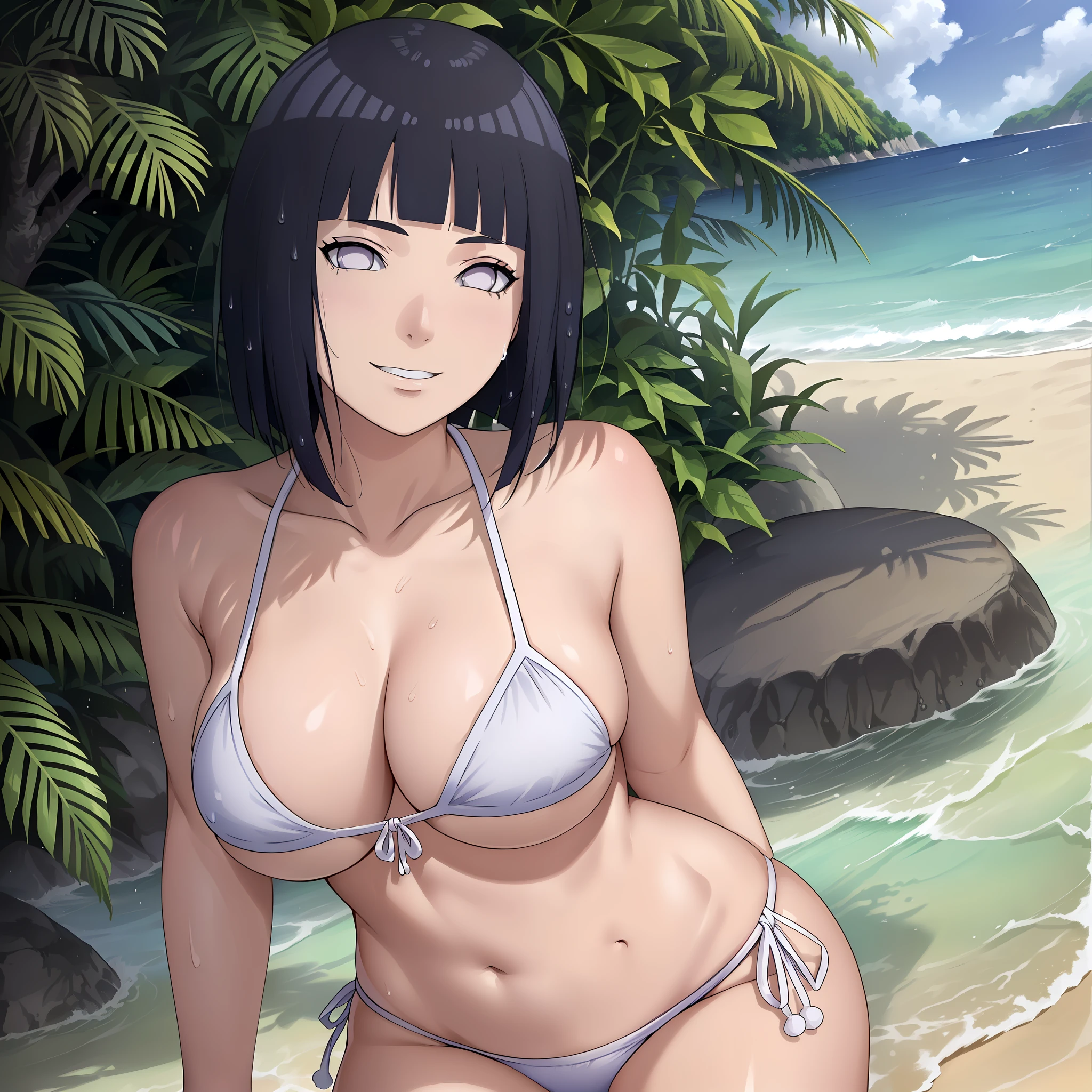 (masterpiece, anime style:1.9, beach, sea, soaked, soaked face, white micro bikini, working out, pelvis, laughing), hinata\(boruto\), mature female, standing, victory, milf, (curvy:0.8), solo, short hair, hime cut, (dark blue hair color:1.1), white, big breasts, flat belly, perfect eyes, anime eyes, smoky eyeliner, eyeshadow, perfect face, shy, sharp focus, professional artwork, intricate details, colorful, vibrant colors, vivid colors, digital blending, ultra detailed body, ultra detail hair, ultra detail face, trending on pixiv, kind smile, happy, very hot colors, sunrays, leaning forward