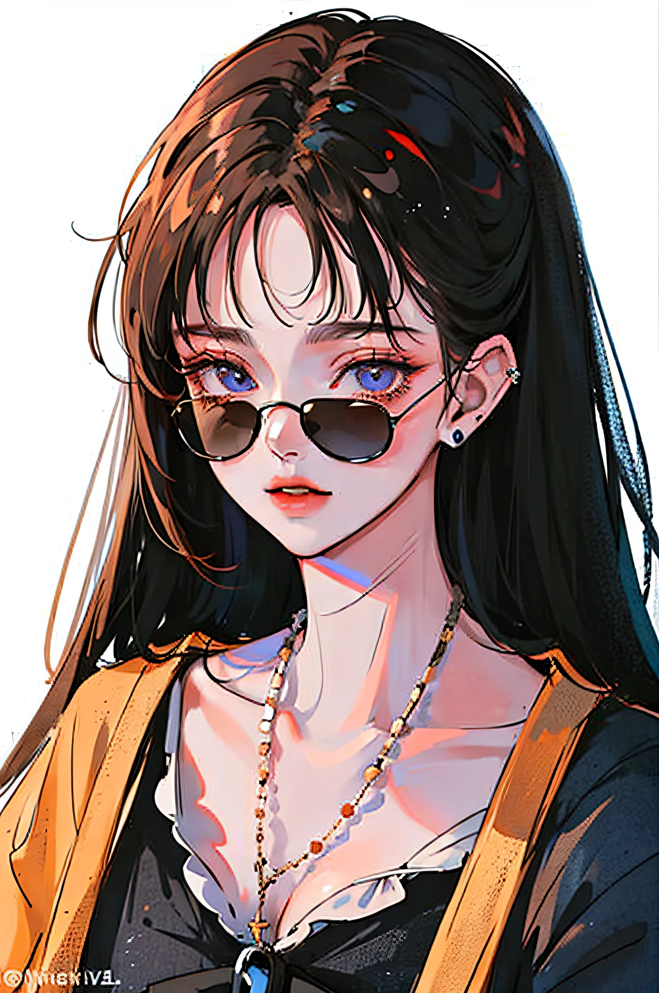 (Portraits:1.4), (masterpiece:1.2, best quality:1.2), from above, upper body, 1girl, Look up, face focus, extremely detailed face, extremely detailed eyes, good-looking, make up, finger on lips, sunglasses, fashion wear, earrings,