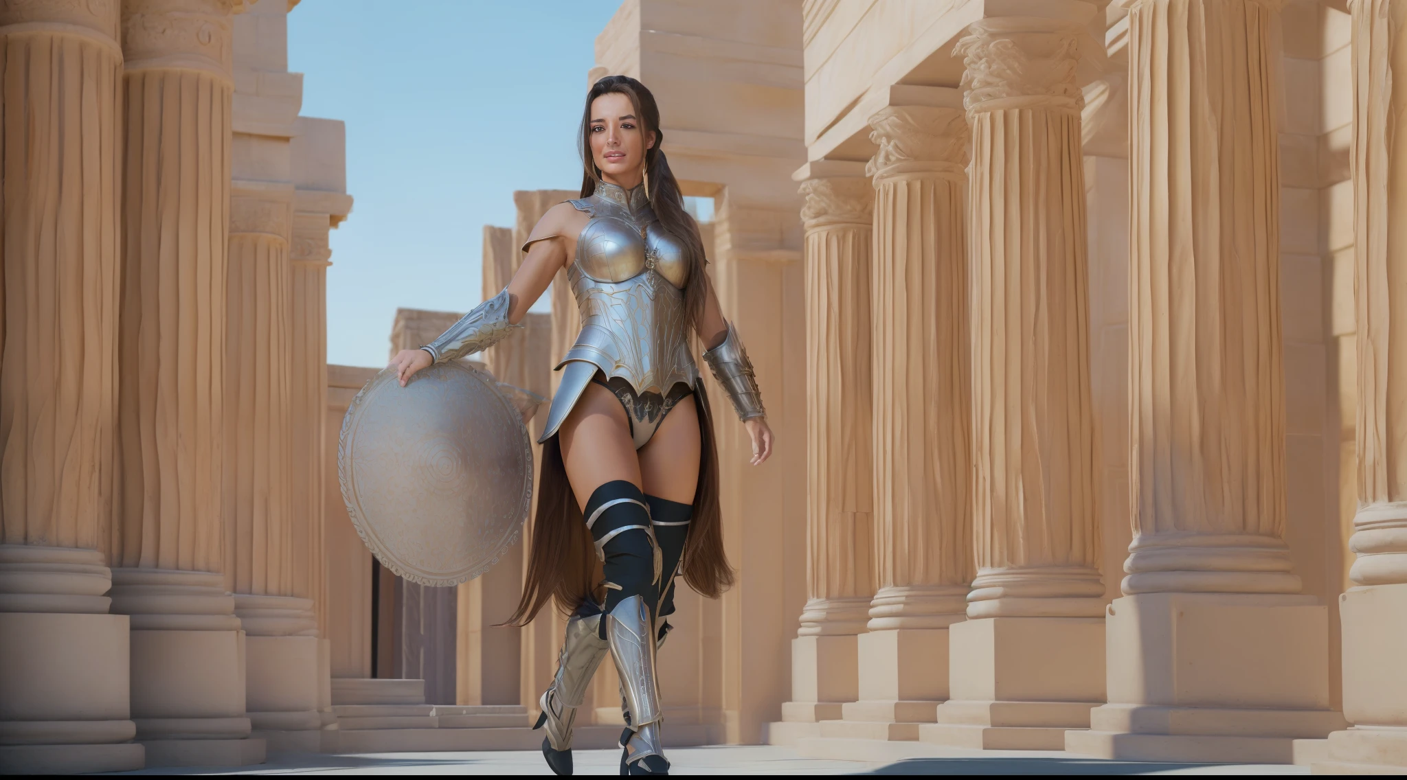 (4K, best quality: 1.2), (masterpiece: 1.37), (photo, photorealistic: 1.37), (ultra-high resolution), full body, walking pose, front footage, drone camera 2m high and 5 meter away contemplating the warrior and all scenery, Female warrior wearing her whole body in battle with realistic hutra dragon, (light silver armor: 1.2),(richly decorated armor), (incredibly detailed,  bloom: 1.5), (high quality, Alessandro Casagrande, Greg Rutkowski, Sally Mann, concept art, 4k), 1.2), (high sharpness), (detailed angles: 1.1), detailed face and eyes, Masterpiece, best quality, (highly detailed photo: 1.1), (long black hair, ponytail, ???????: 1.1), (young by the highly realistic broiled brunette with a real woman: 1.1), sharp, (perfect body:1.1), realistic, real shadow,  3d, (temple background:1.2), (by Michelangelo), photographed by 4k drone camera with alglo view aprppriado to record landscape mode images.